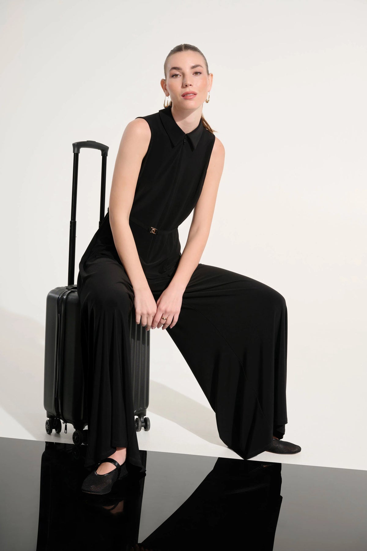 Joseph Ribkoff Black Silky Knit Wide Leg Jumpsuit With Zipped Neckline
