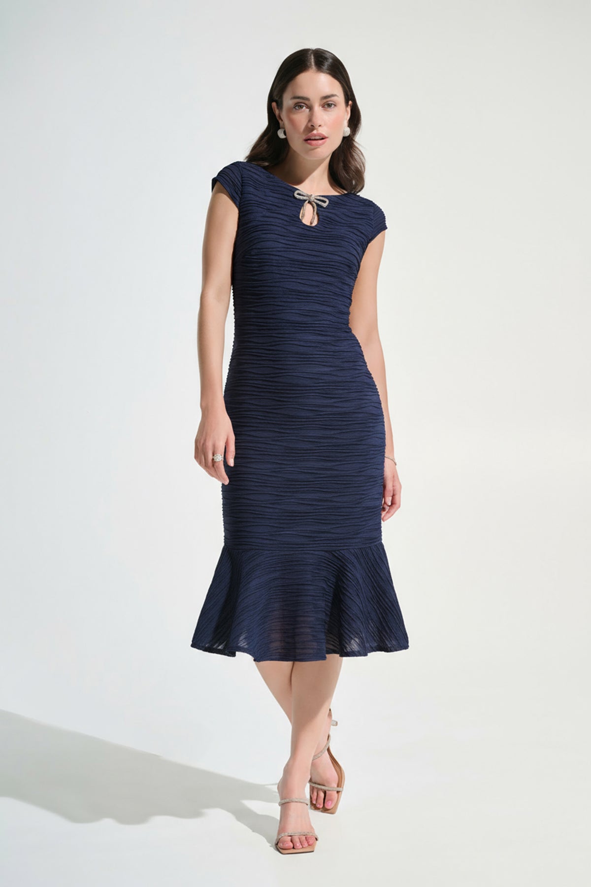 Joseph Ribkoff Midnight Blue Signature | Lurex Cascade Flounce Dress With Rhinestone Bow
