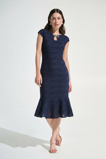 Joseph Ribkoff Midnight Blue Signature | Lurex Cascade Flounce Dress With Rhinestone Bow
