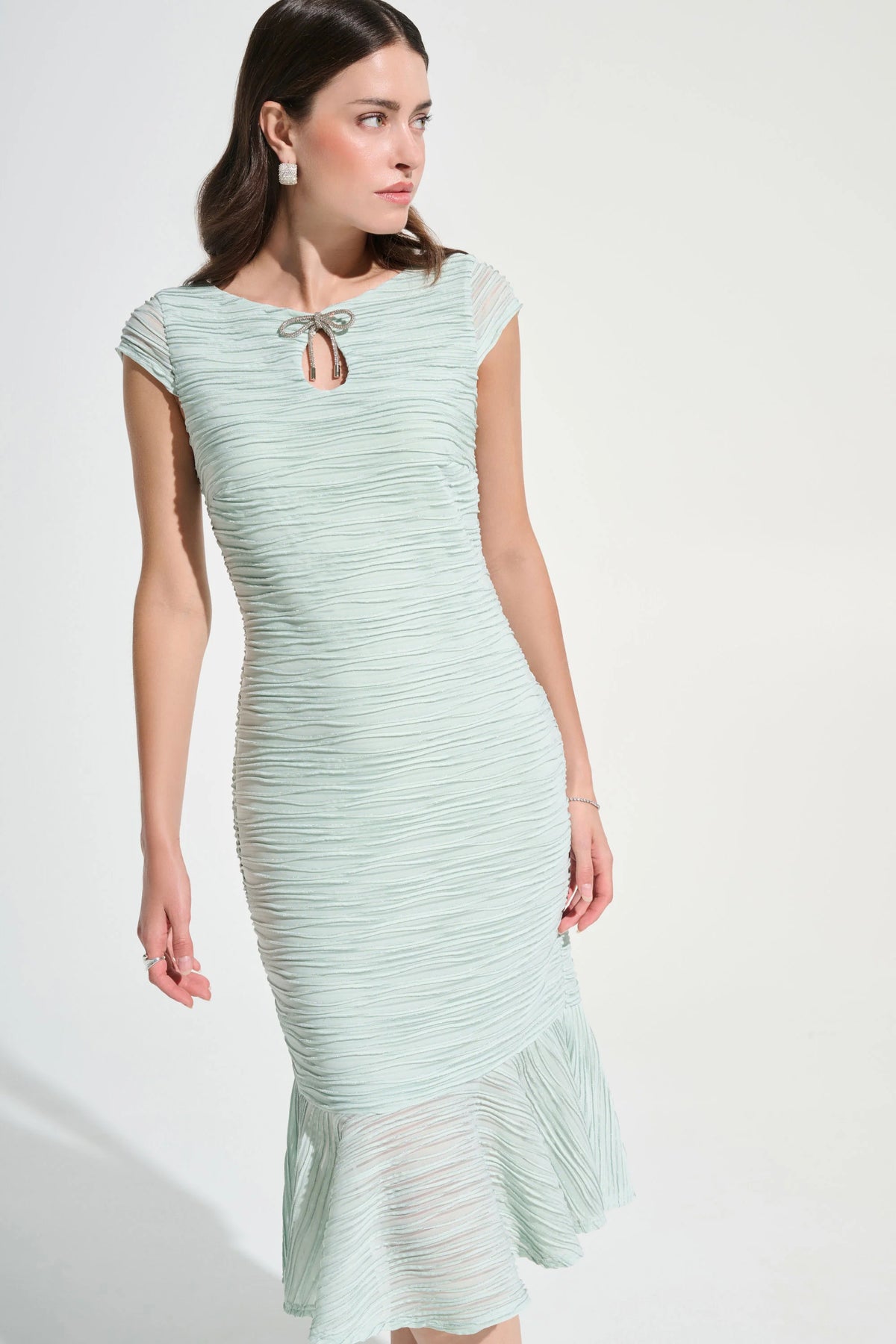 Joseph Ribkoff Pistashio Signature | Lurex Cascade Flounce Dress With Rhinestone Bow