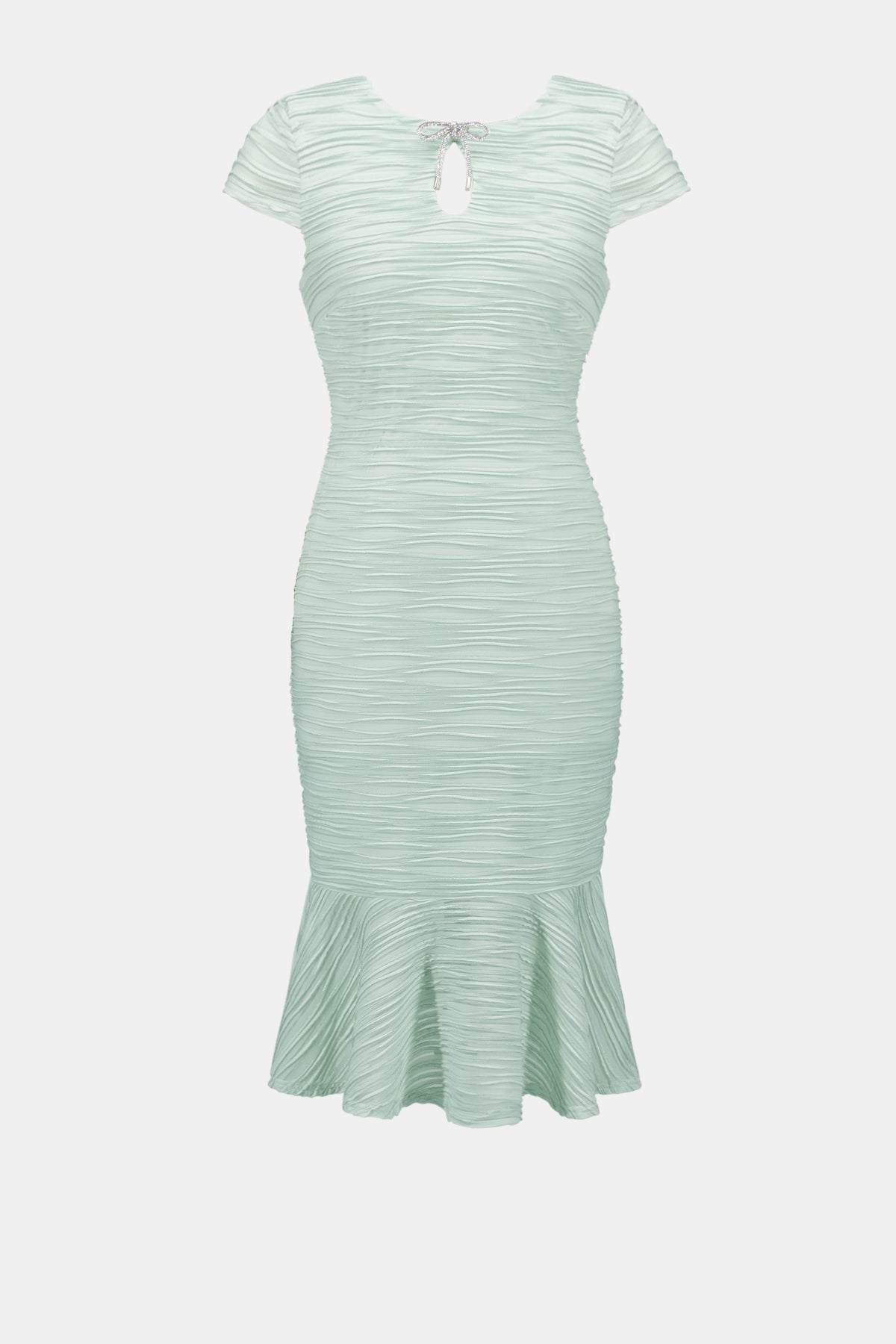 Joseph Ribkoff Pistashio Signature | Lurex Cascade Flounce Dress With Rhinestone Bow