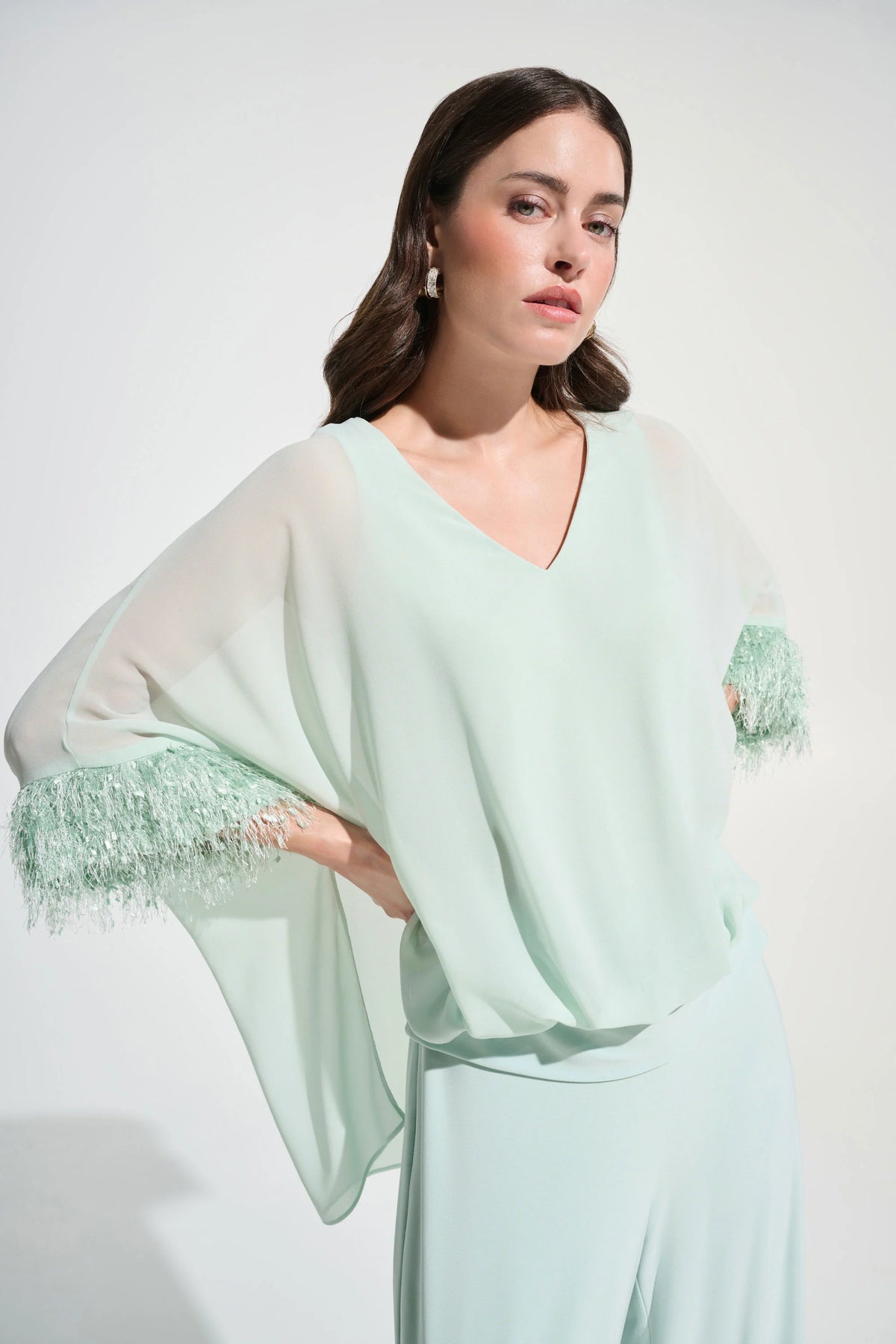 Joseph Ribkoff Pistachio Signature | Chiffon Knit Poncho Top With Novelty Trim