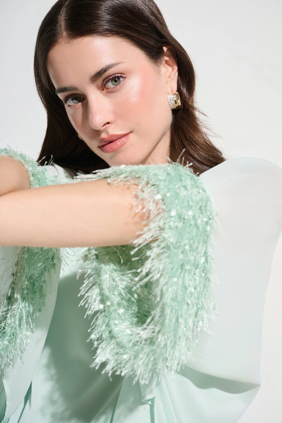 Joseph Ribkoff Pistachio Signature | Chiffon Knit Poncho Top With Novelty Trim