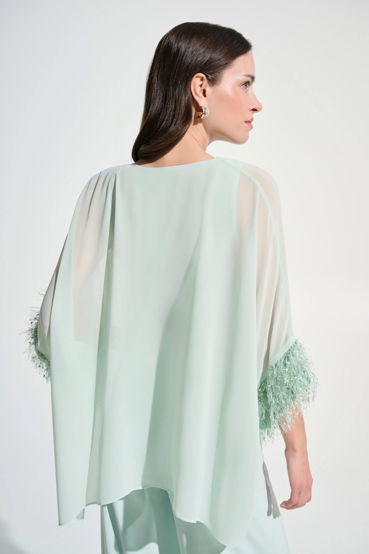 Joseph Ribkoff Pistachio Signature | Chiffon Knit Poncho Top With Novelty Trim