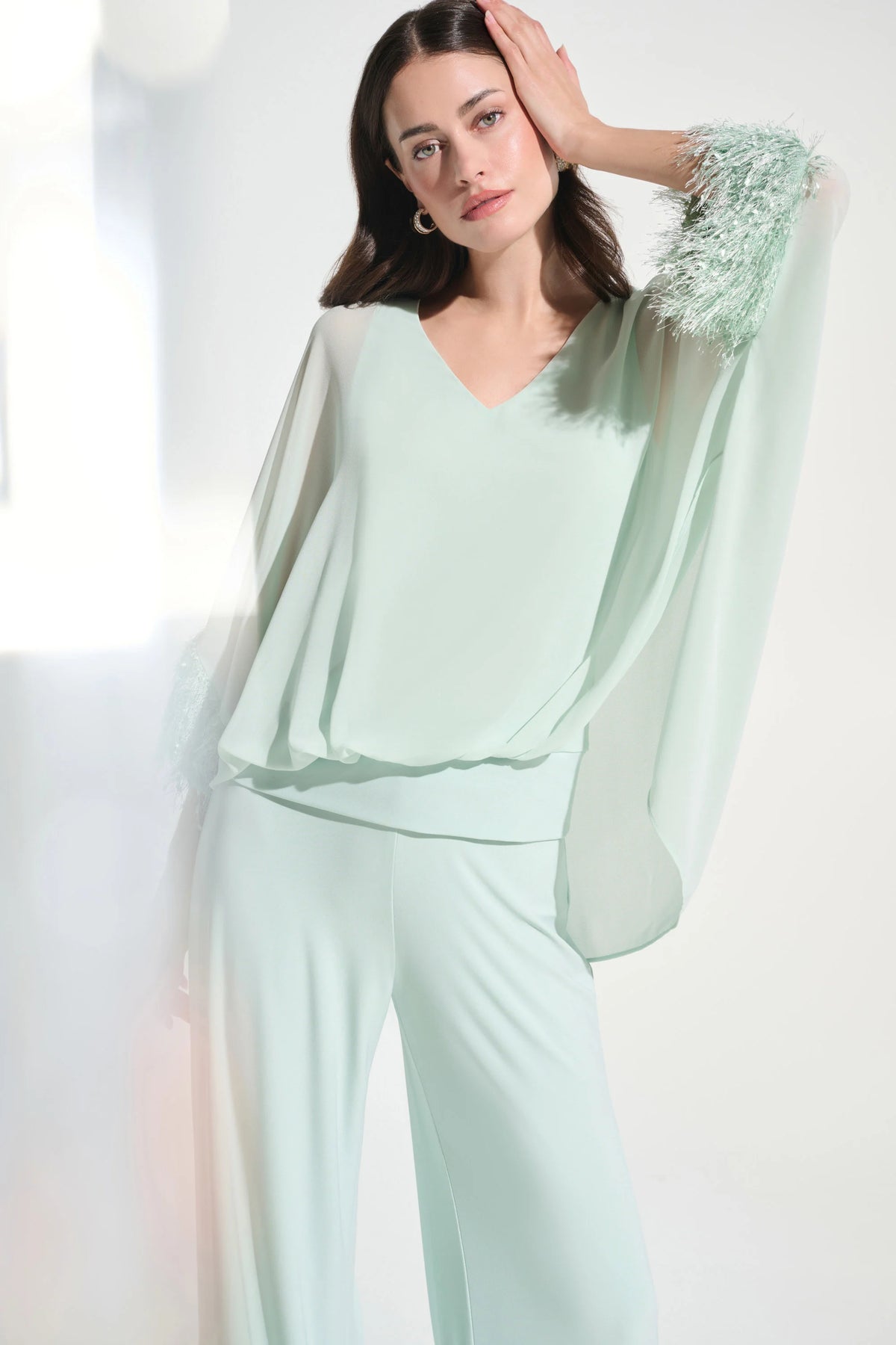 Joseph Ribkoff Pistachio Signature | Chiffon Knit Poncho Top With Novelty Trim