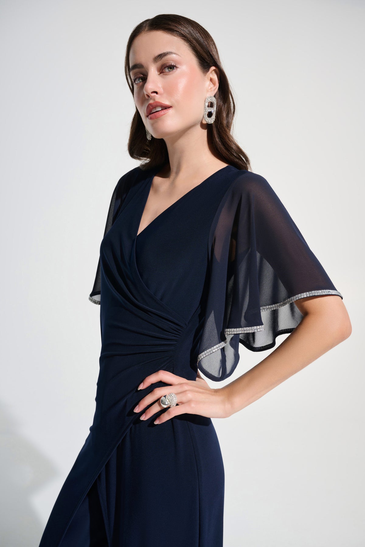 Joseph Ribkoff Midnight Blue Signature |Silky Knit Wrap Wide Leg Jumpsuit With Rhinestone Trim