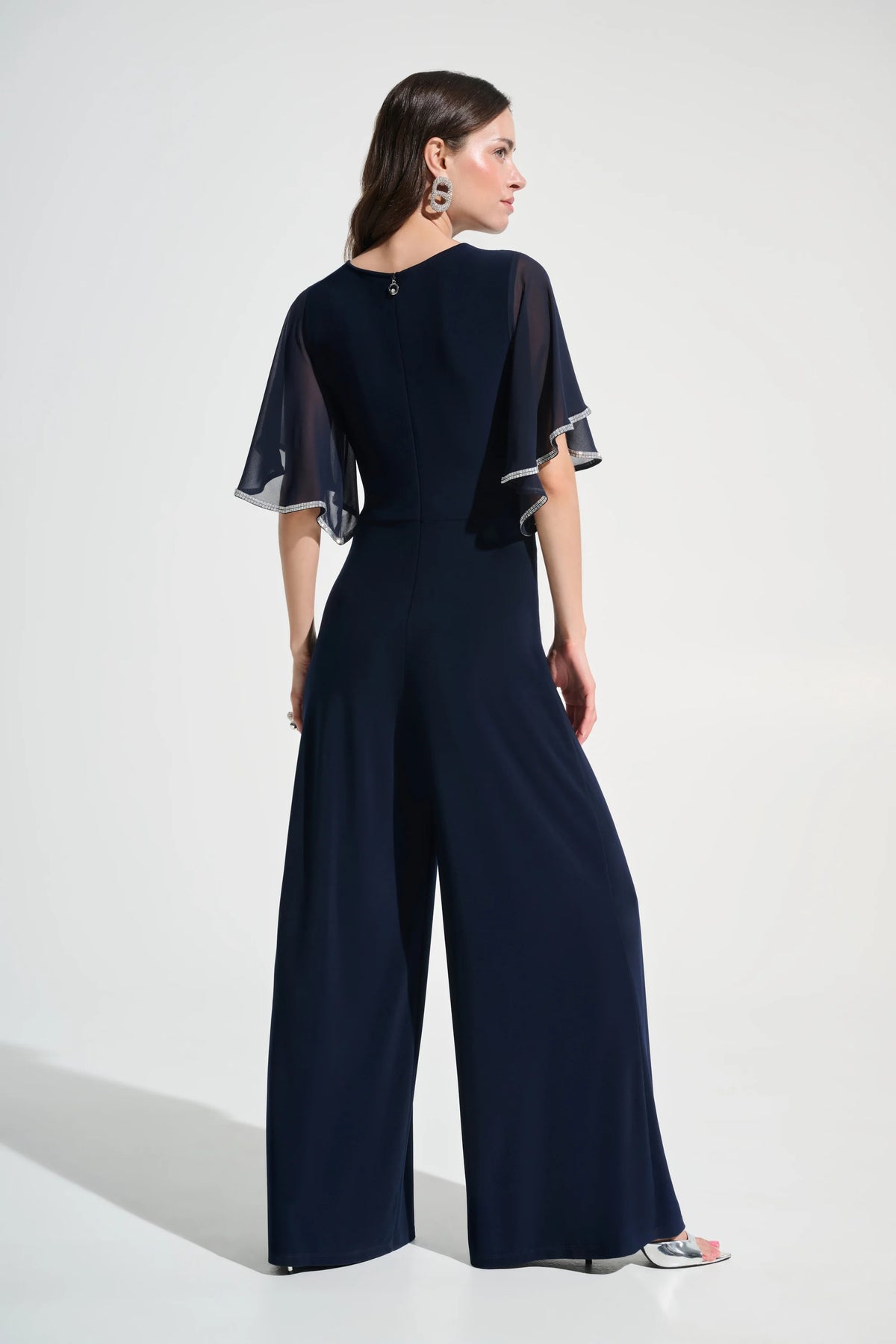 Joseph Ribkoff Midnight Blue Signature |Silky Knit Wrap Wide Leg Jumpsuit With Rhinestone Trim