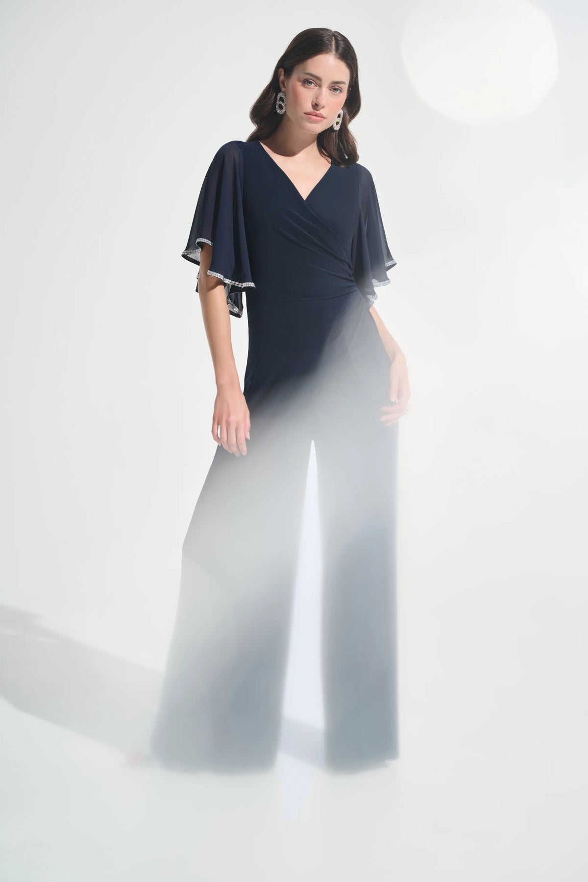 Joseph Ribkoff Midnight Blue Signature |Silky Knit Wrap Wide Leg Jumpsuit With Rhinestone Trim