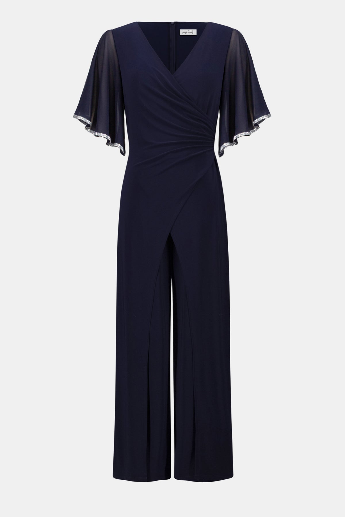 Joseph Ribkoff Midnight Blue Signature |Silky Knit Wrap Wide Leg Jumpsuit With Rhinestone Trim