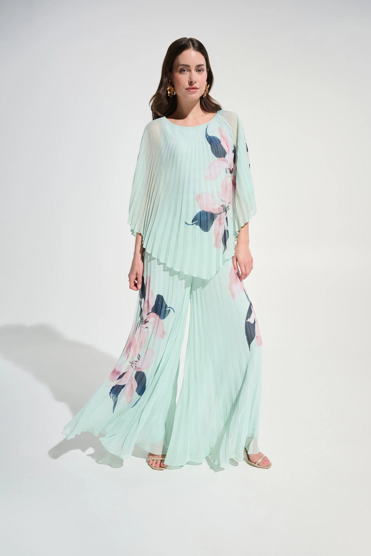Joseph Ribkoff Green/Multi Signature | Chiffon Floral Print Pleated Wide Leg Pants