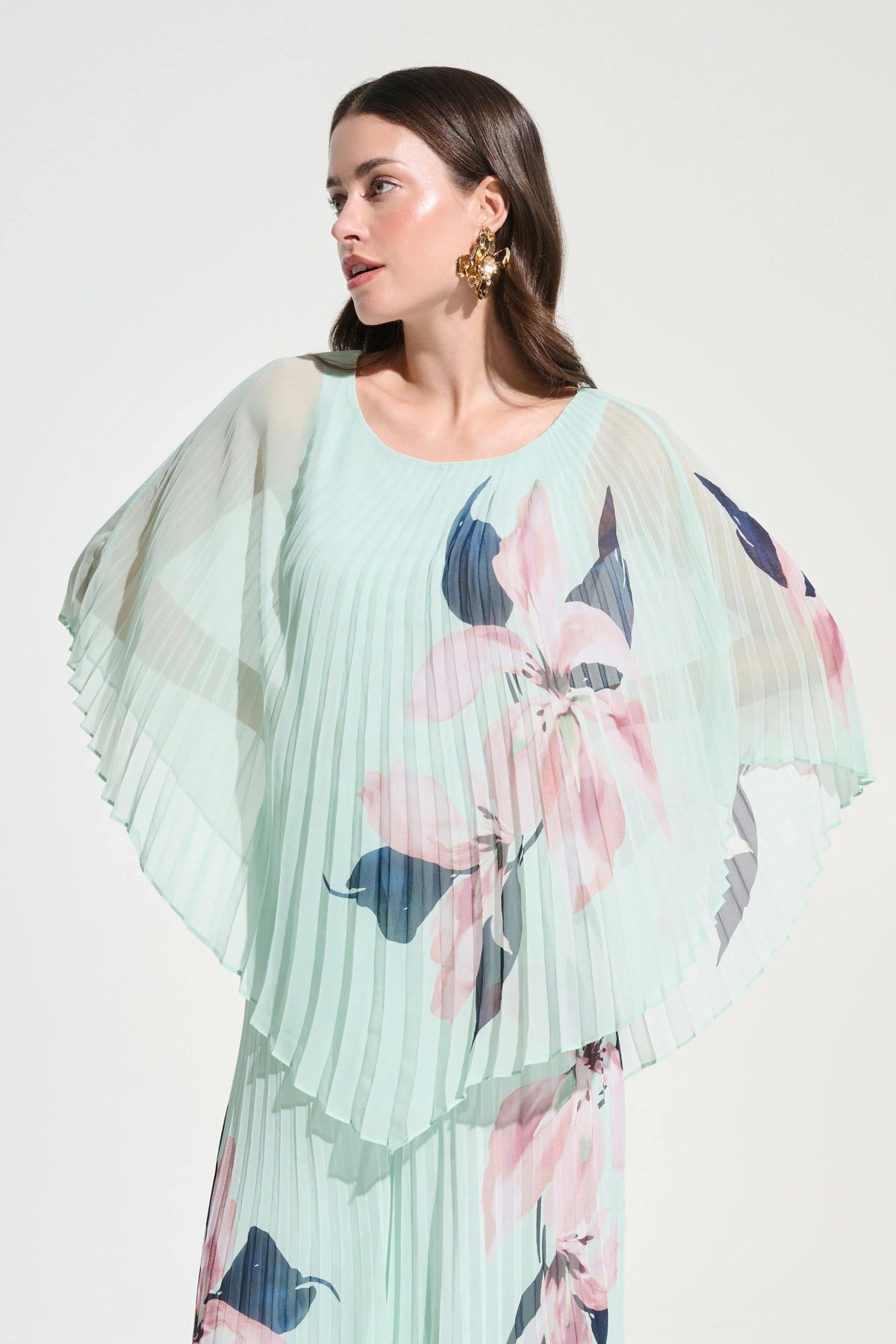 Joseph Ribkoff Green/Multi Signature | Chiffon Floral Print Pleated Poncho Top