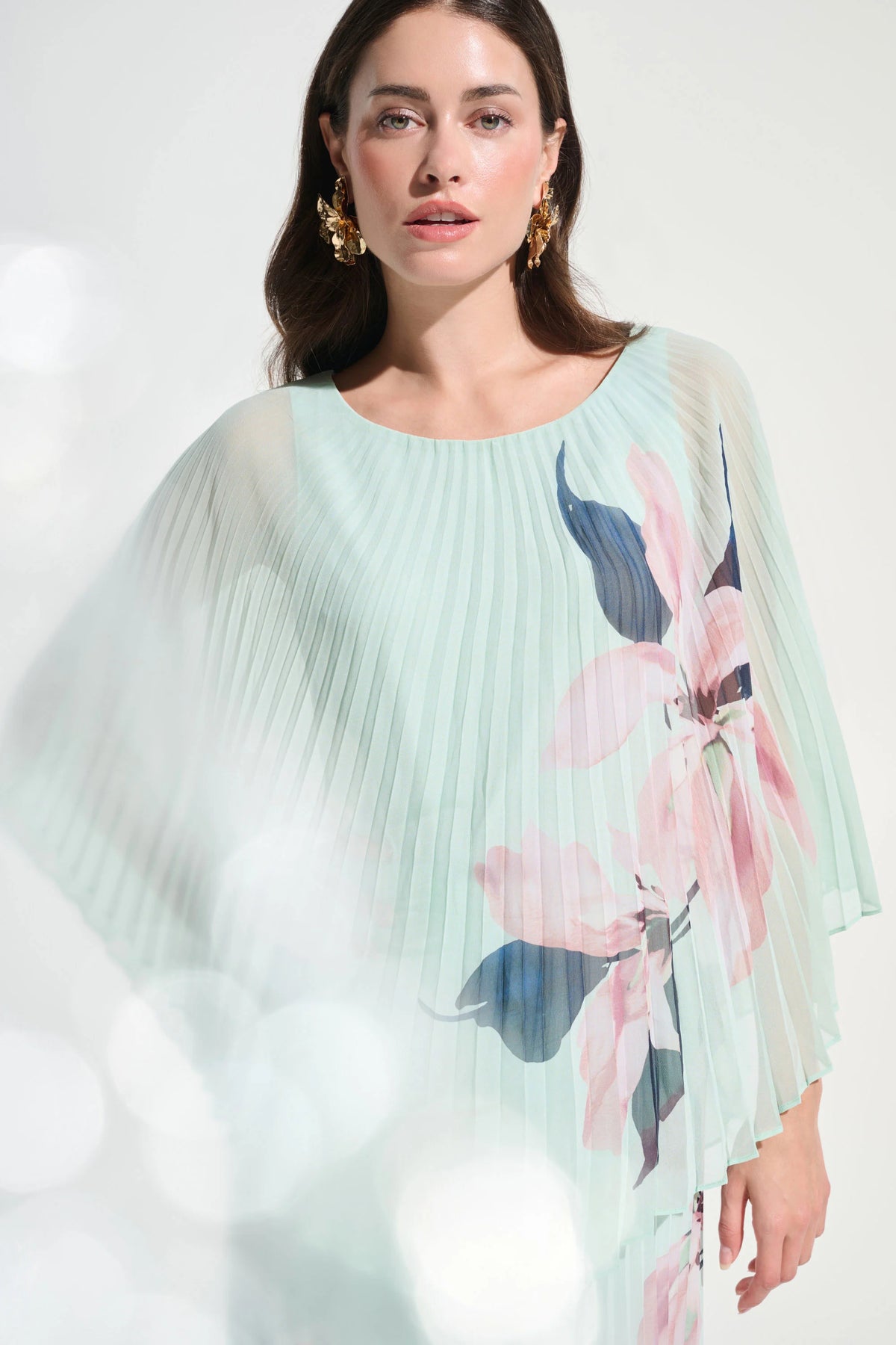 Joseph Ribkoff Green/Multi Signature | Chiffon Floral Print Pleated Poncho Top