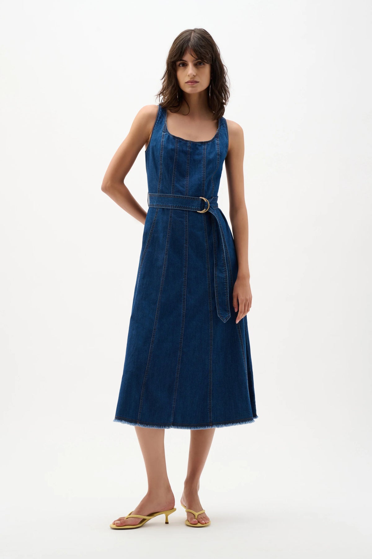 Joseph Ribkoff Mid Blue Denim Fit And Flare Midi Dress With Belt