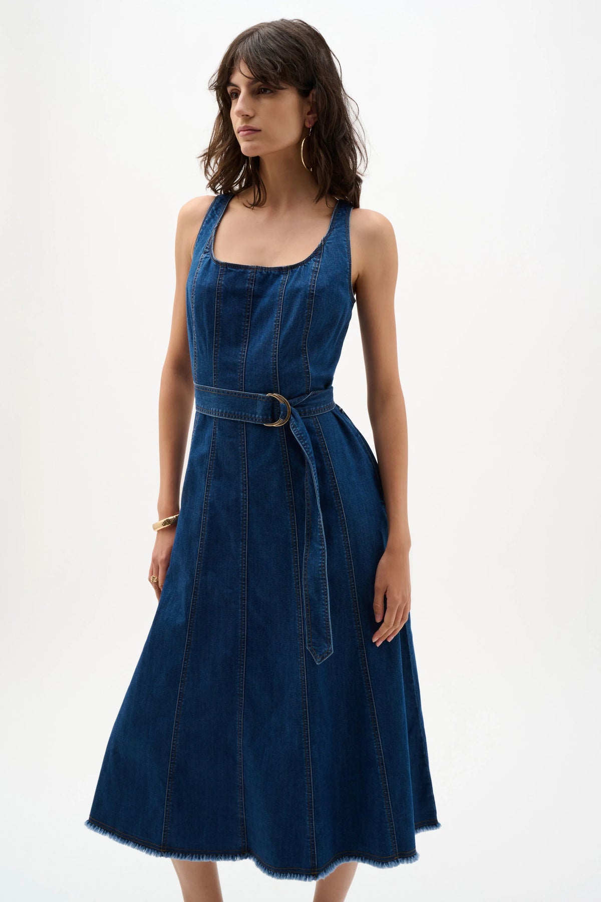 Joseph Ribkoff Mid Blue Denim Fit And Flare Midi Dress With Belt
