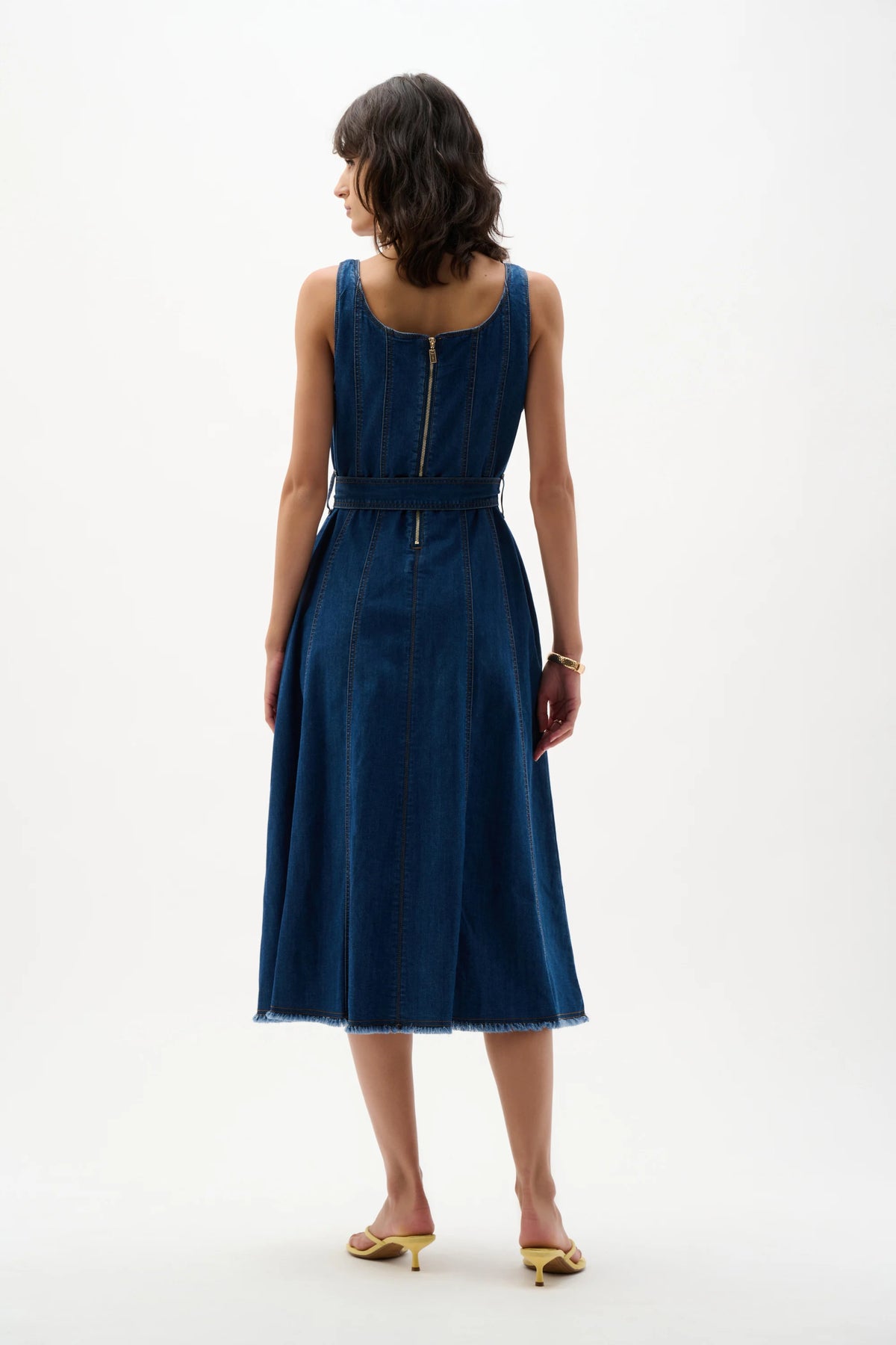 Joseph Ribkoff Mid Blue Denim Fit And Flare Midi Dress With Belt