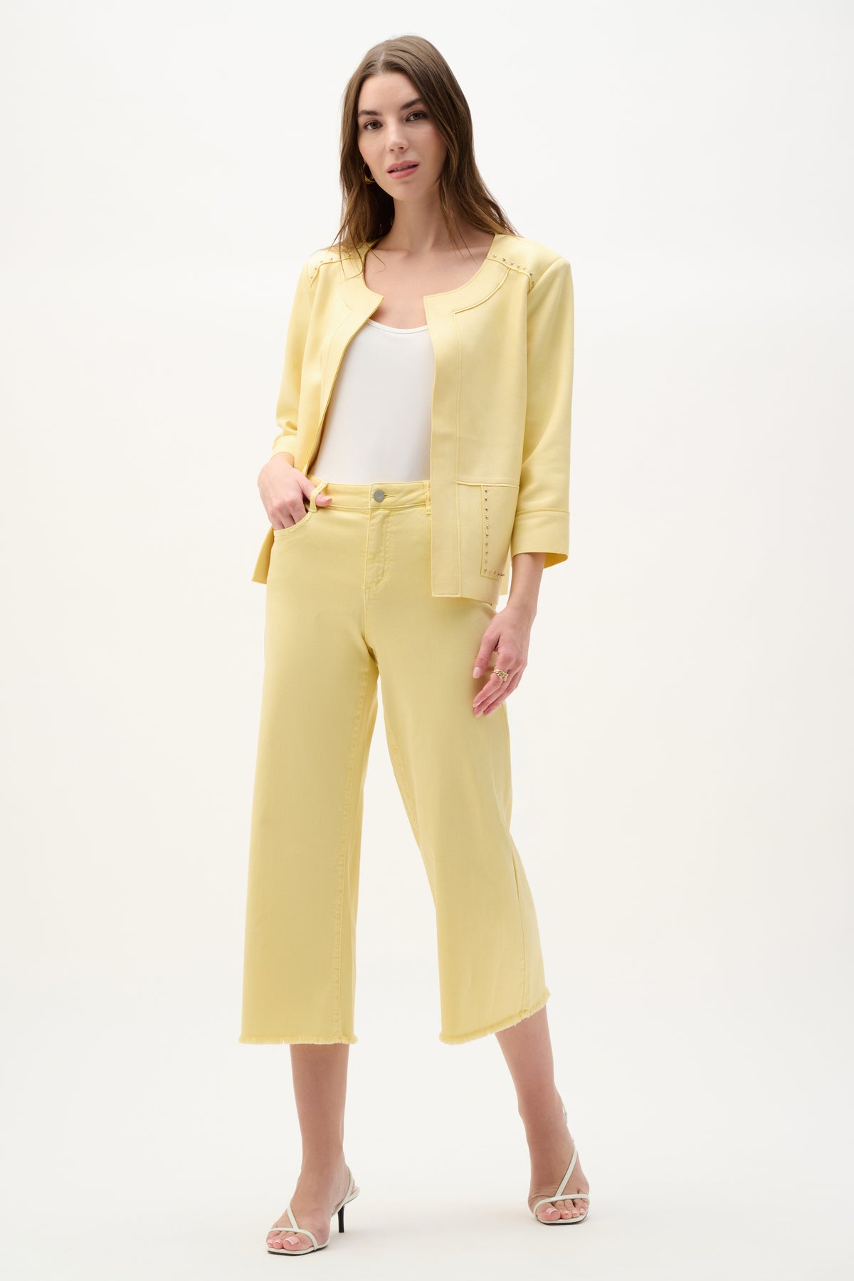 Joseph Ribkoff Mellow Yellow Foiled Scuba Suede Boxy Jacket With Stud Details