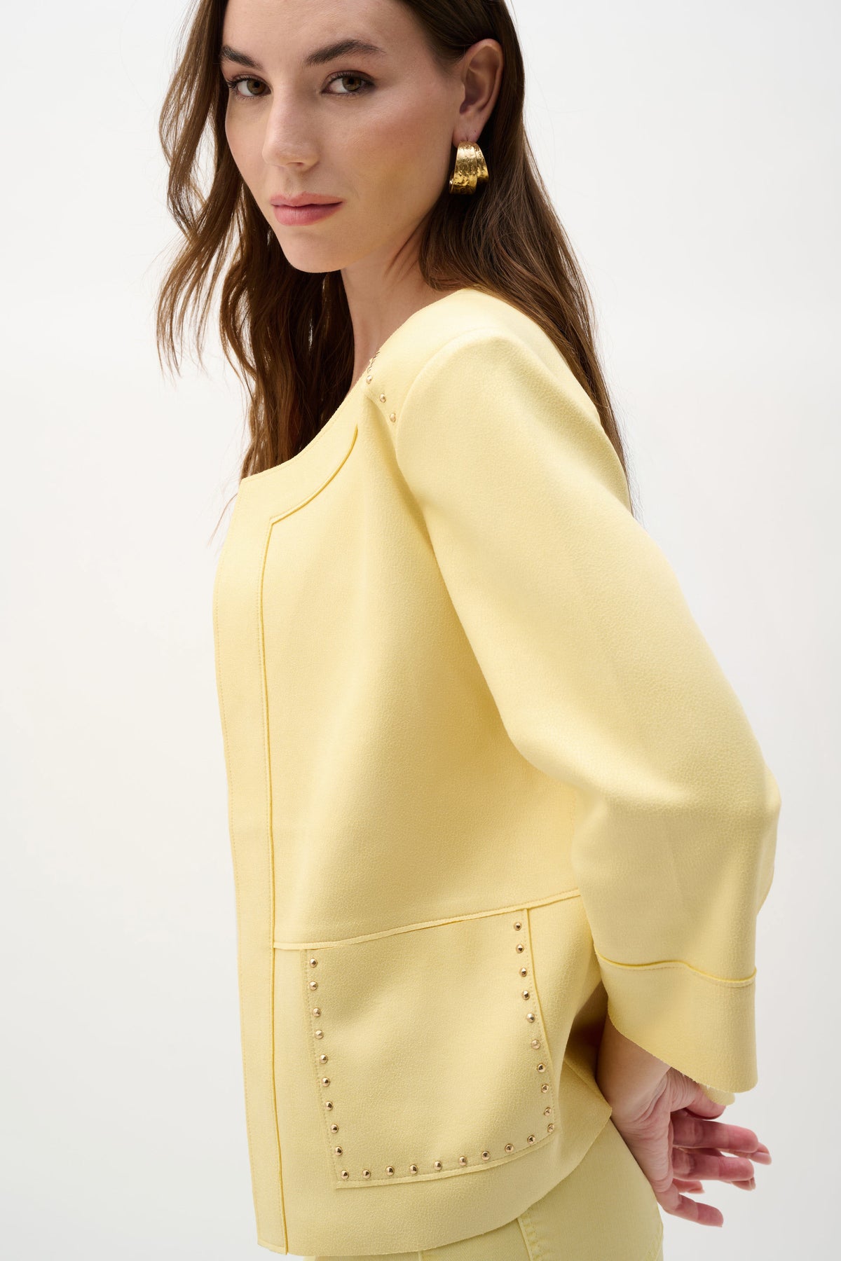Joseph Ribkoff Mellow Yellow Foiled Scuba Suede Boxy Jacket With Stud Details