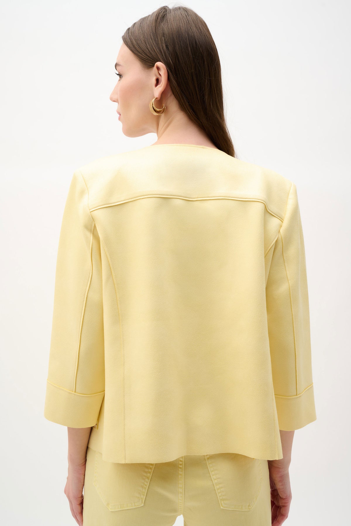 Joseph Ribkoff Mellow Yellow Foiled Scuba Suede Boxy Jacket With Stud Details