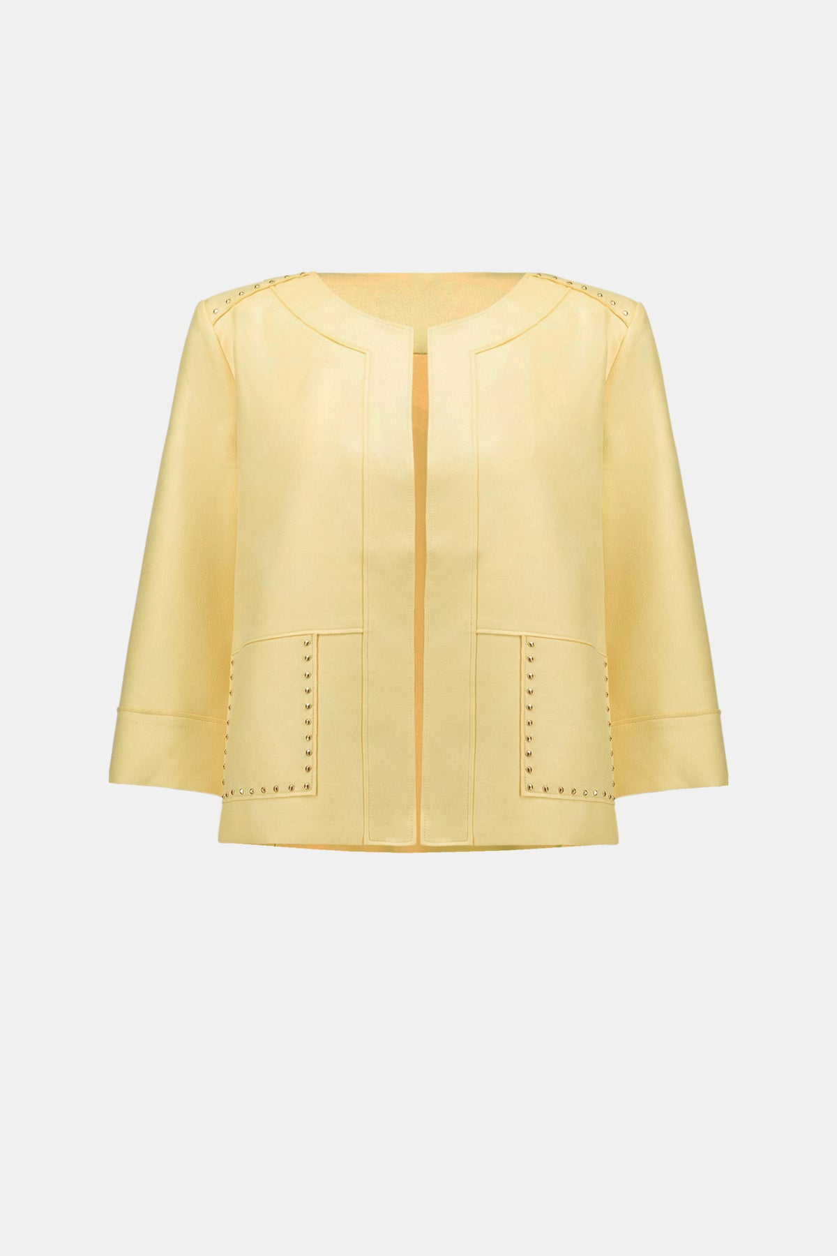 Joseph Ribkoff Mellow Yellow Foiled Scuba Suede Boxy Jacket With Stud Details
