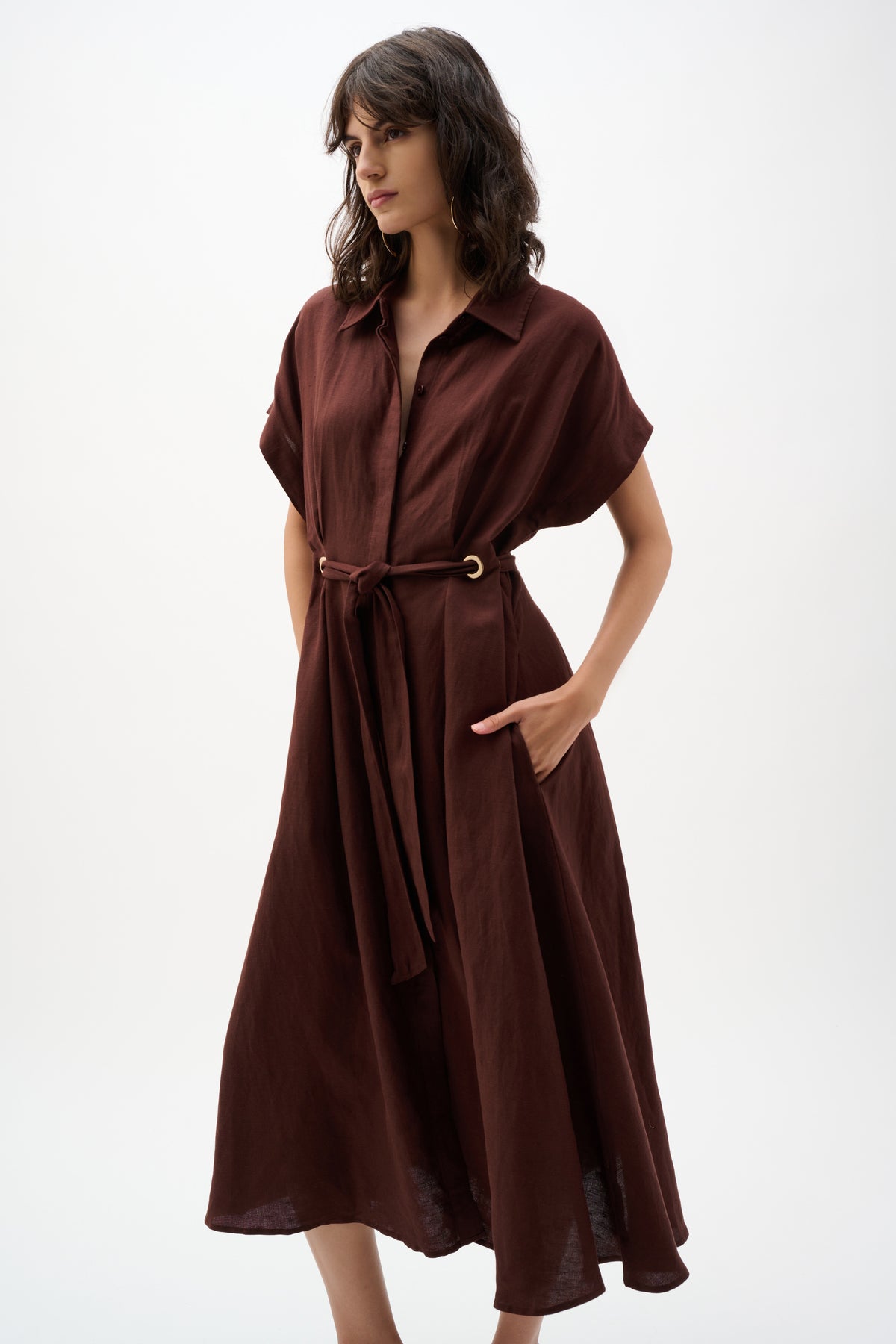 Joseph Ribkoff Mahogany Linen Blend Fit And Flare Shirt Dress With Sash