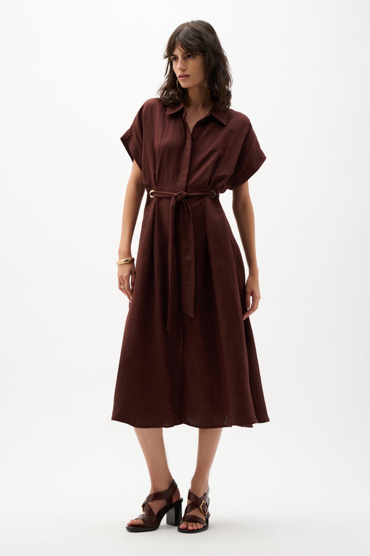 Joseph Ribkoff Mahogany Linen Blend Fit And Flare Shirt Dress With Sash