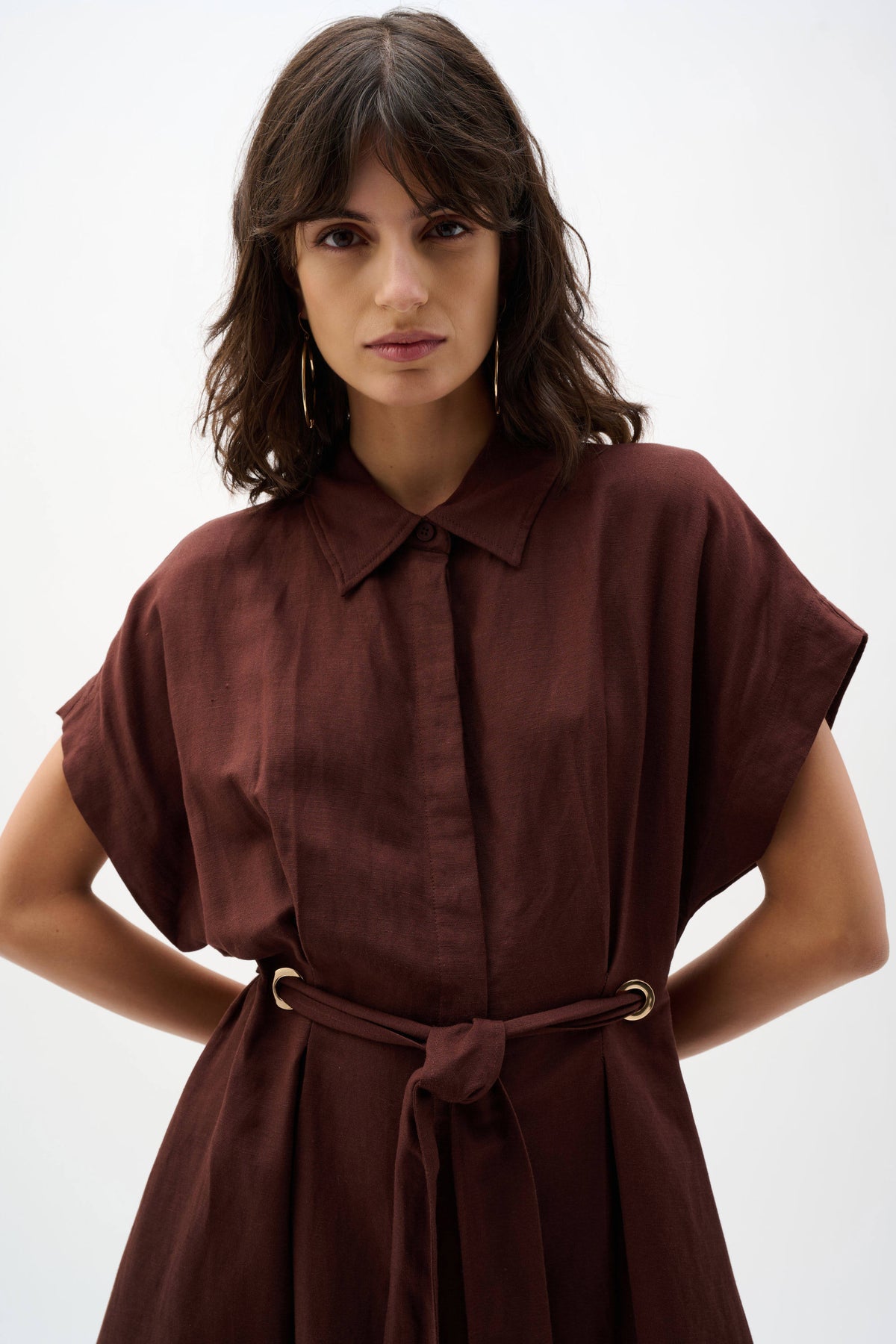 Joseph Ribkoff Mahogany Linen Blend Fit And Flare Shirt Dress With Sash