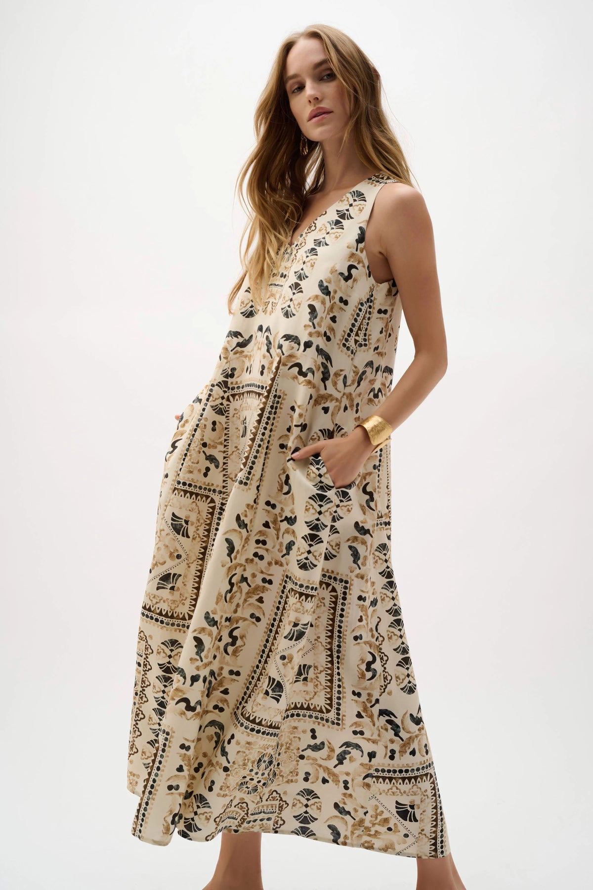 Joseph Ribkoff Beige/Multi Linen Blend Scarf Print A-Line Dress