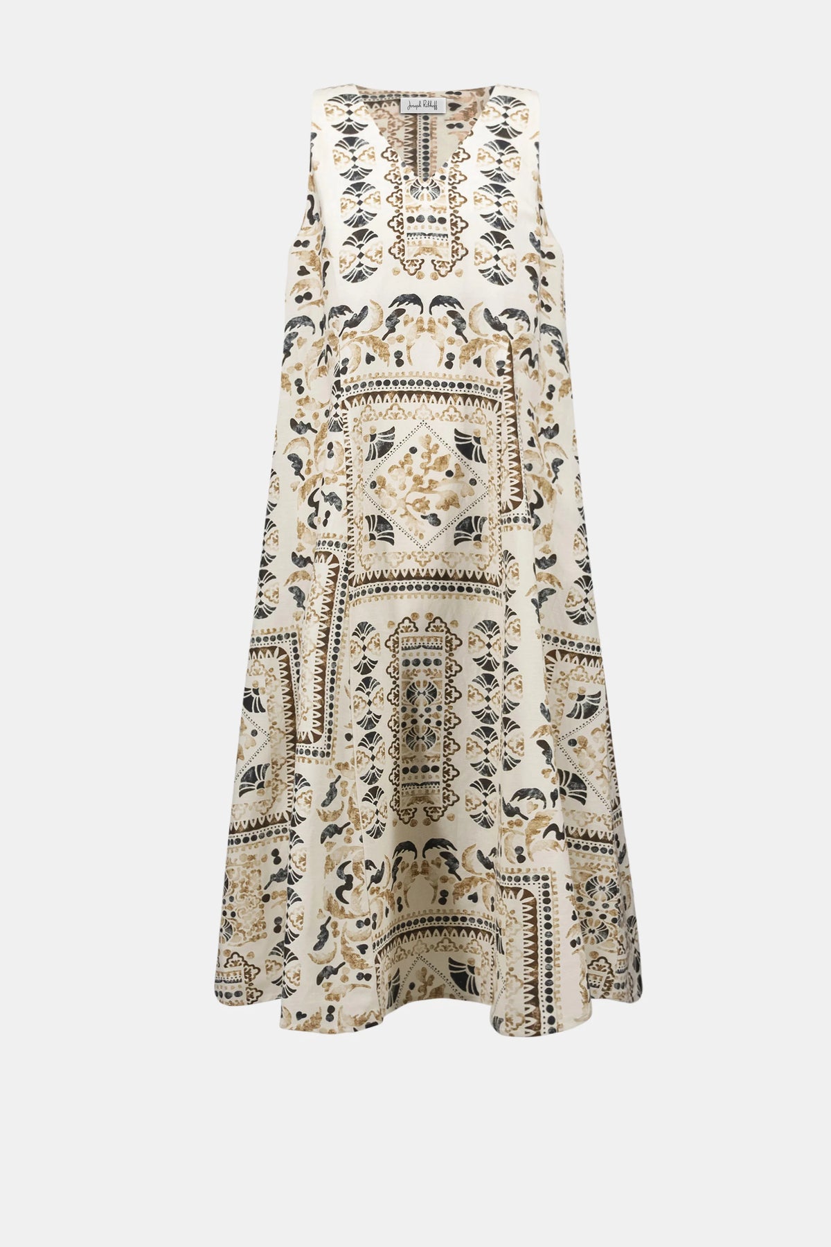 Joseph Ribkoff Beige/Multi Linen Blend Scarf Print A-Line Dress