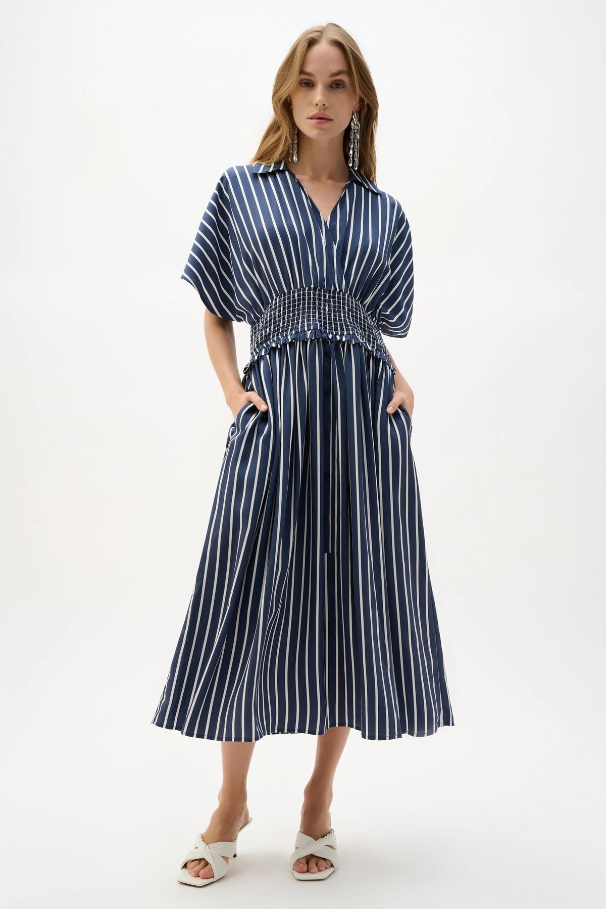 Joseph Ribkoff White/Blue Flowy Poplin Stripe Print Fit And Flare Dress