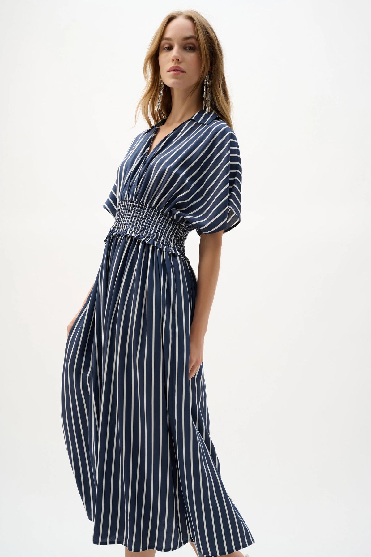 Joseph Ribkoff White/Blue Flowy Poplin Stripe Print Fit And Flare Dress