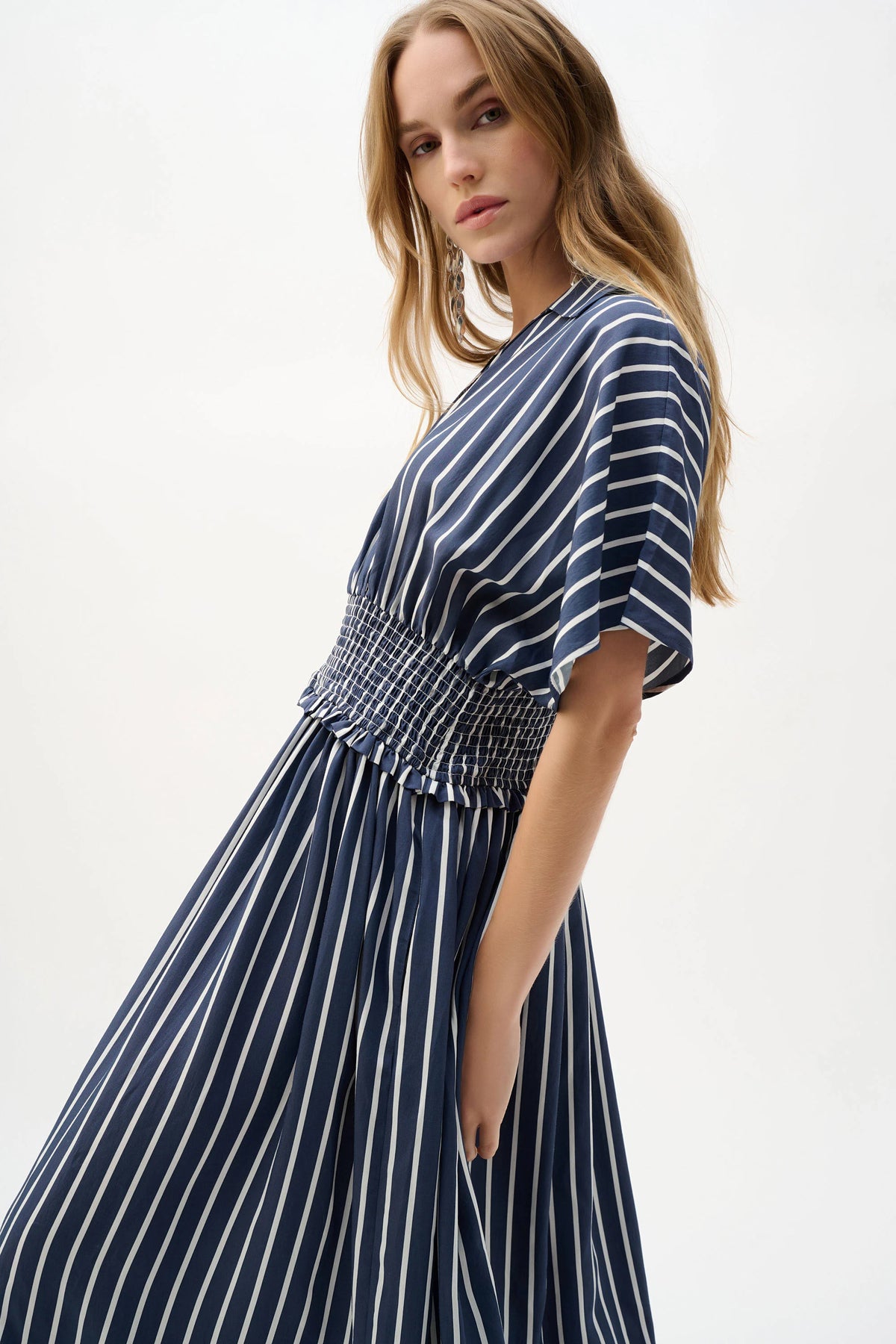 Joseph Ribkoff White/Blue Flowy Poplin Stripe Print Fit And Flare Dress