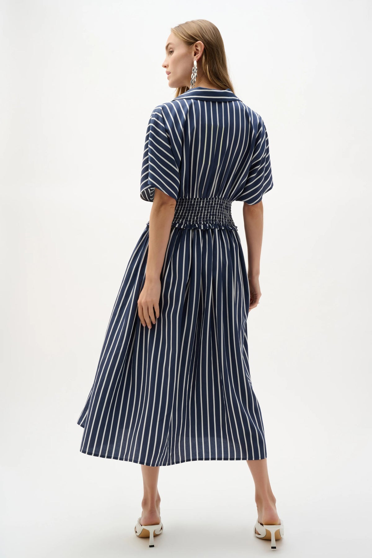 Joseph Ribkoff White/Blue Flowy Poplin Stripe Print Fit And Flare Dress