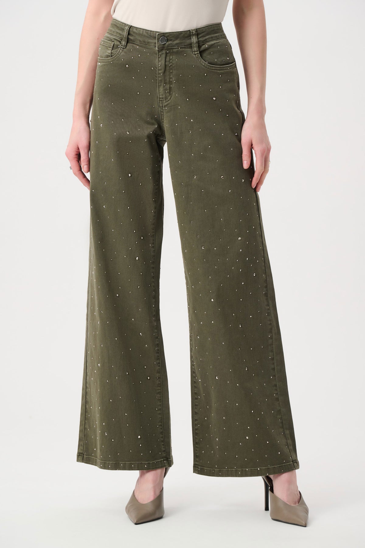 Joseph Ribkoff Avocado Featherweave Denim Wide Leg Jeans With Rhinestones