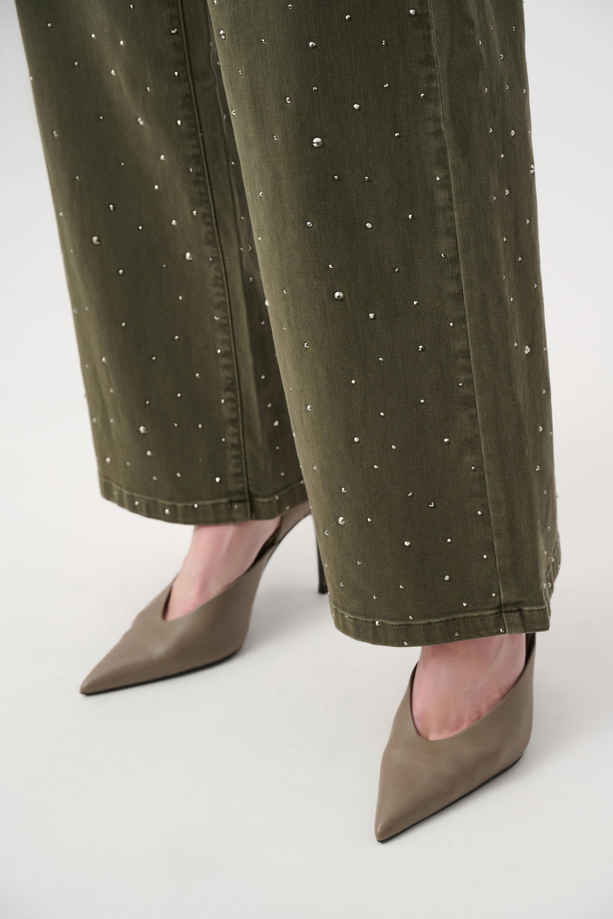 Joseph Ribkoff Avocado Featherweave Denim Wide Leg Jeans With Rhinestones
