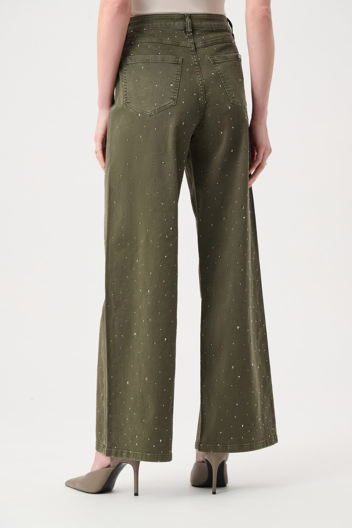 Joseph Ribkoff Avocado Featherweave Denim Wide Leg Jeans With Rhinestones