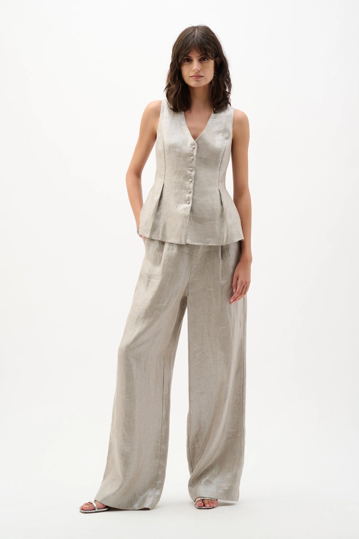 Joseph Ribkoff Champagne Foiled Linen Peplum Vest