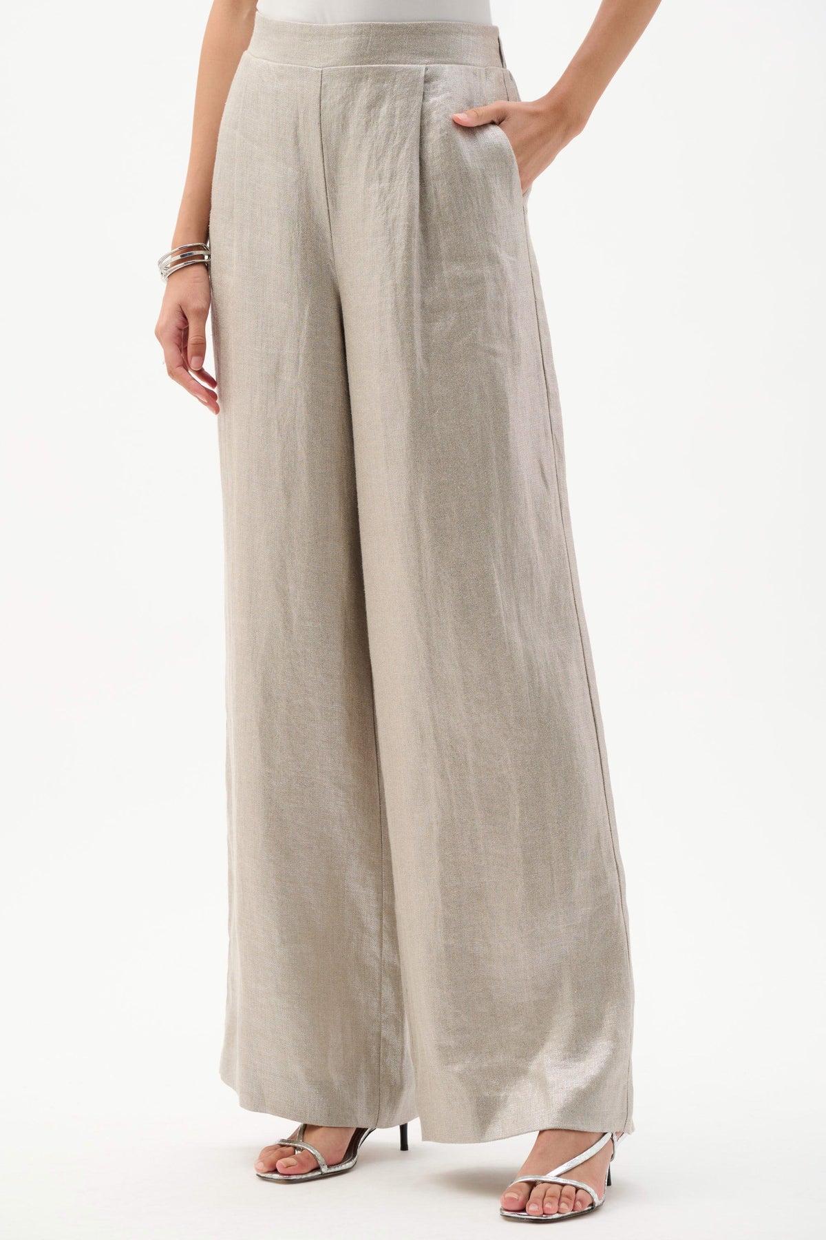 Joseph Ribkoff Champagne Foiled Linen Pull-On Wide Leg Pants