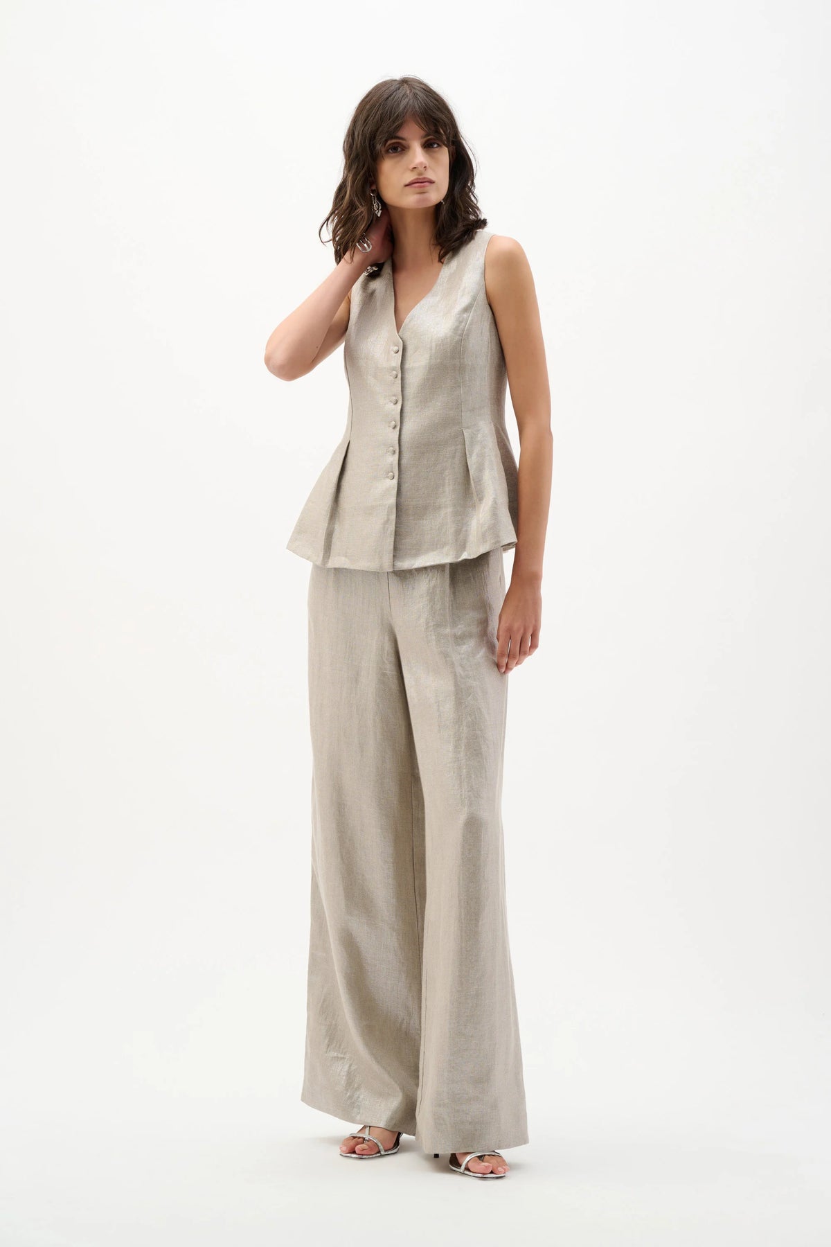 Joseph Ribkoff Champagne Foiled Linen Pull-On Wide Leg Pants