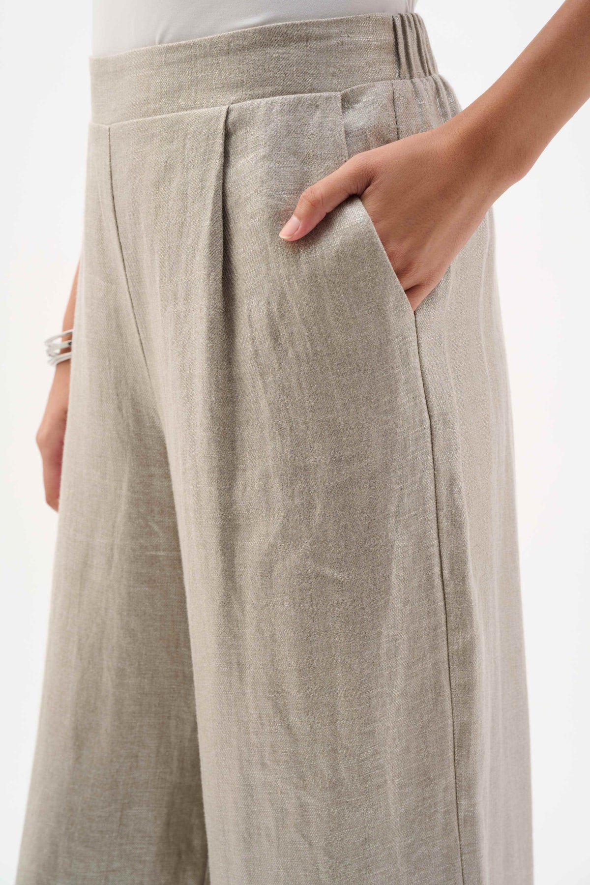 Joseph Ribkoff Champagne Foiled Linen Pull-On Wide Leg Pants