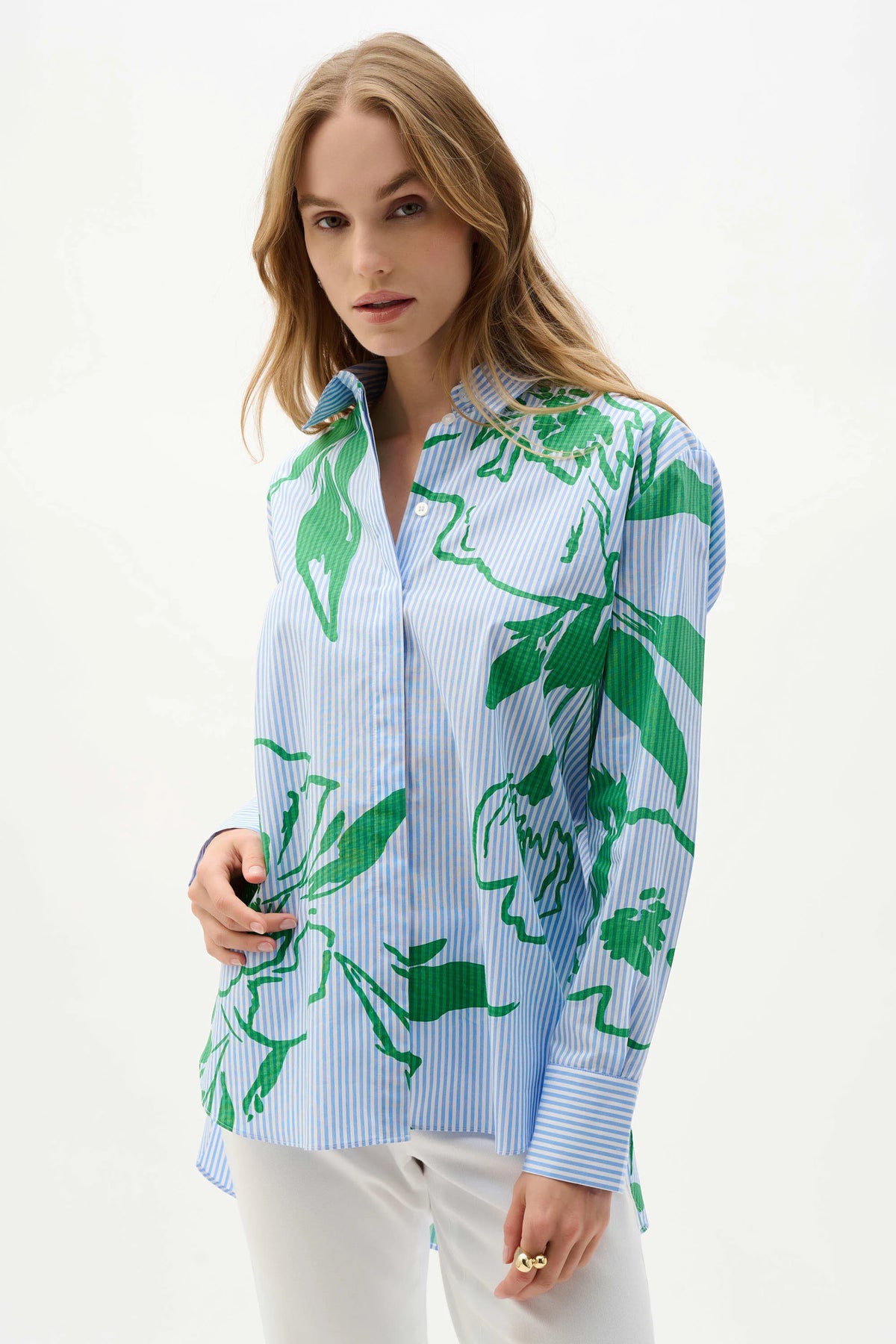 Joseph Ribkoff Vanilla/Multi Cotton Stripe Floral Print Boxy Blouse