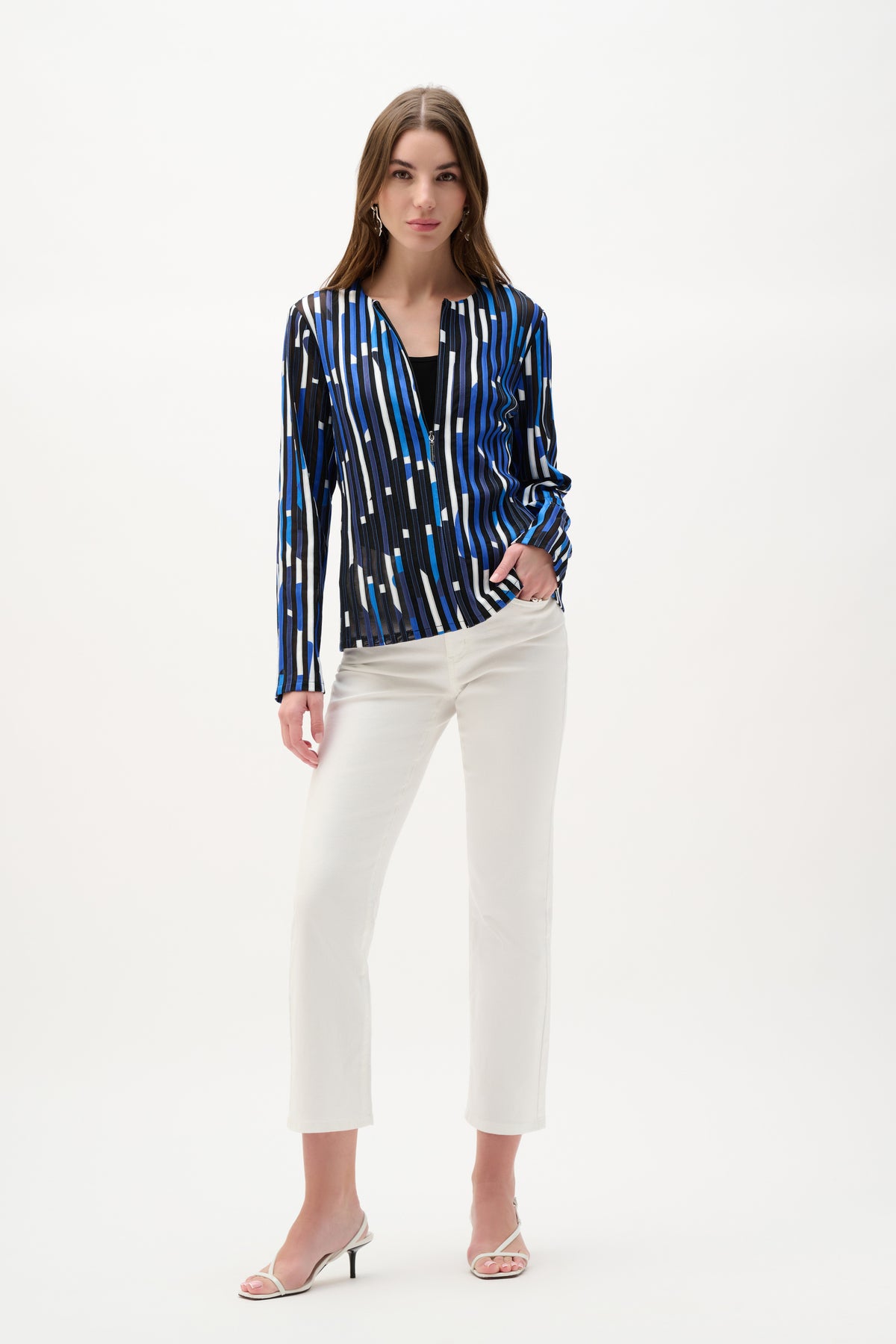 Joseph Ribkoff Mesh And Satin Geometric Print Fitted Jacket