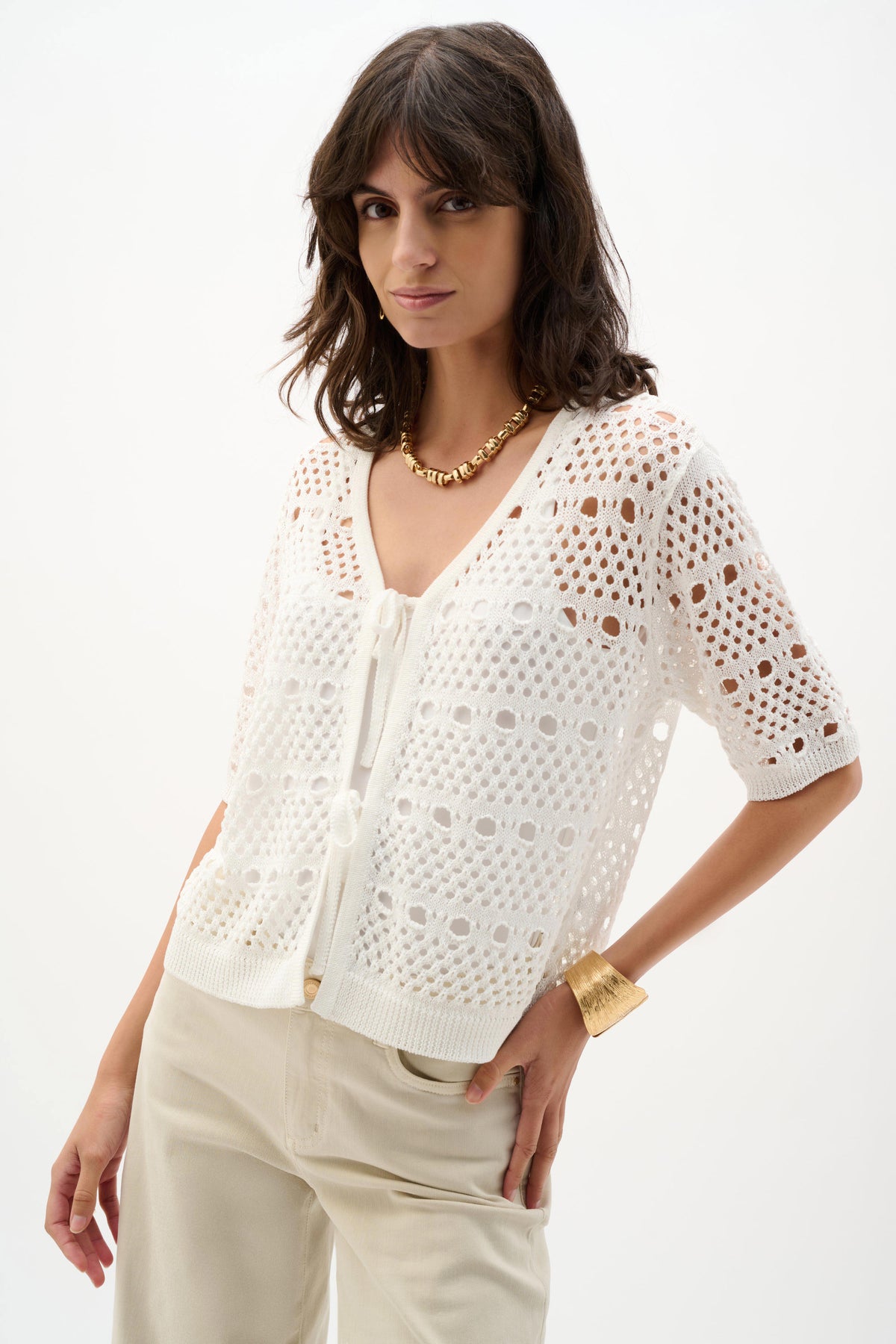 Joseph Ribkoff Vanilla Viscose Sweater Knit Open-Stitch Cardigan