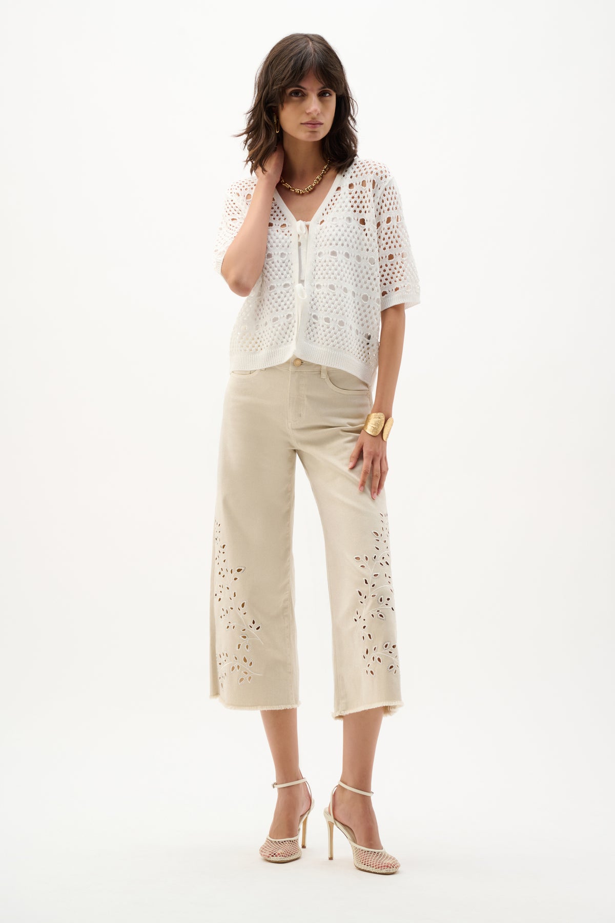 Joseph Ribkoff Vanilla Viscose Sweater Knit Open-Stitch Cardigan