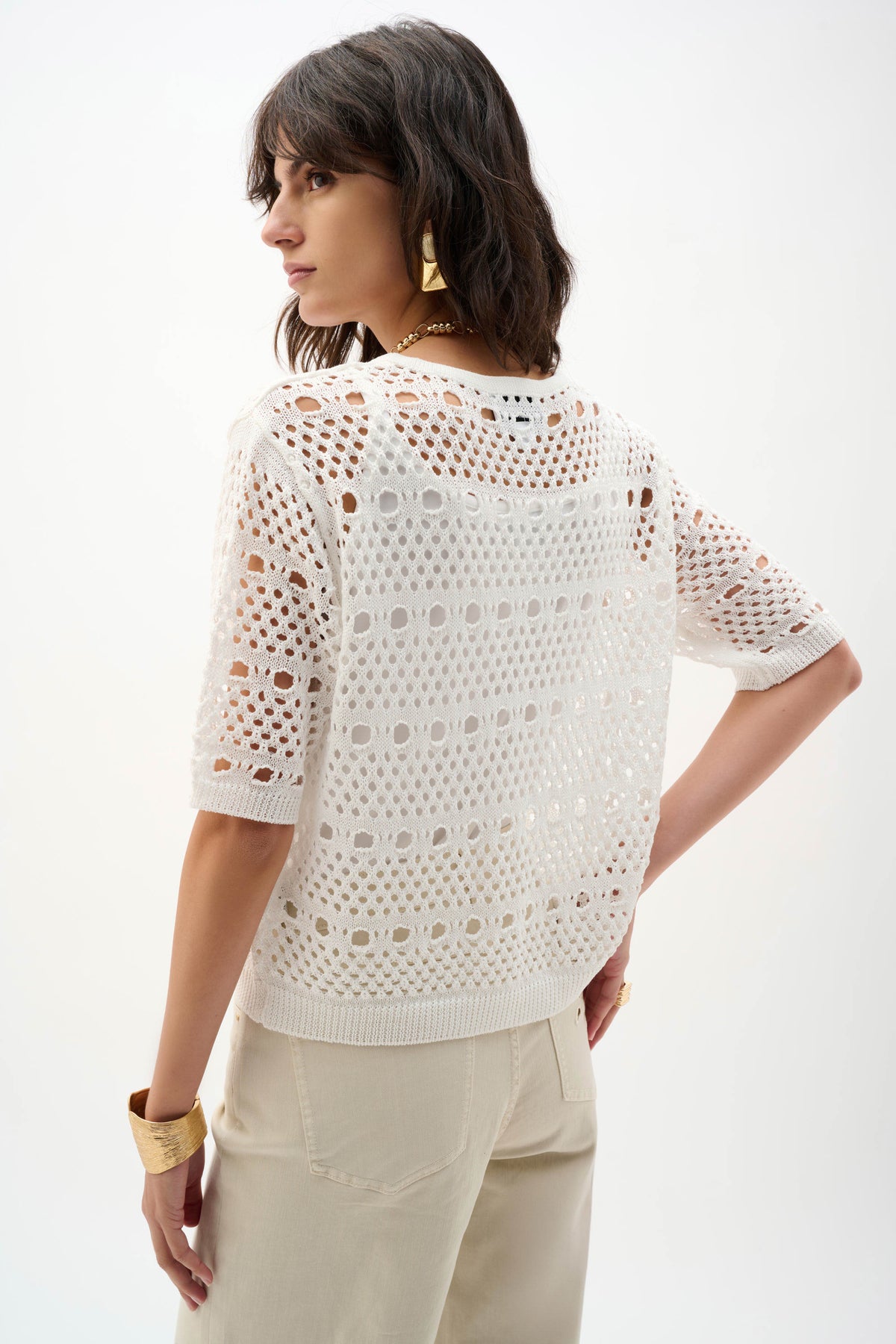 Joseph Ribkoff Vanilla Viscose Sweater Knit Open-Stitch Cardigan