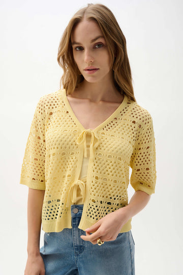 Joseph Ribkoff Mellow Yellow Viscose Sweater Knit Open-Stitch Cardigan