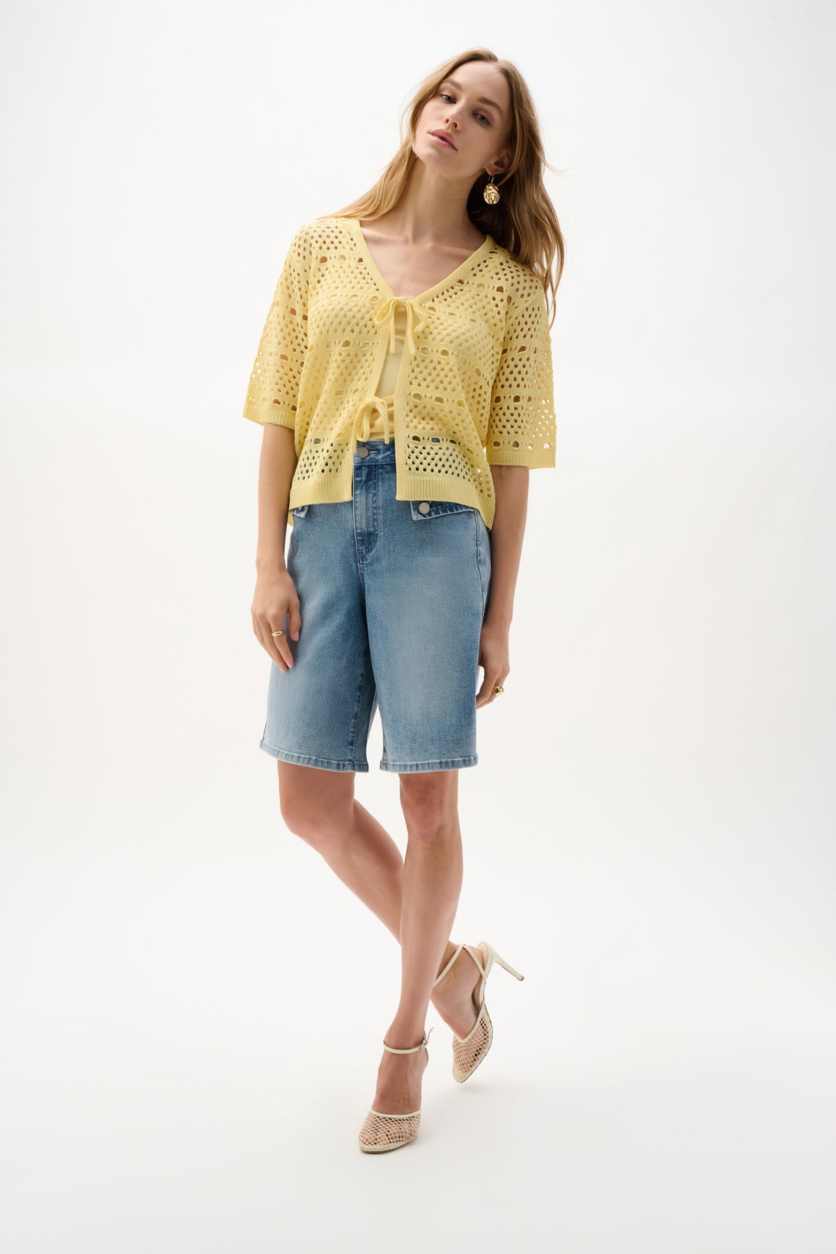 Joseph Ribkoff Mellow Yellow Viscose Sweater Knit Open-Stitch Cardigan