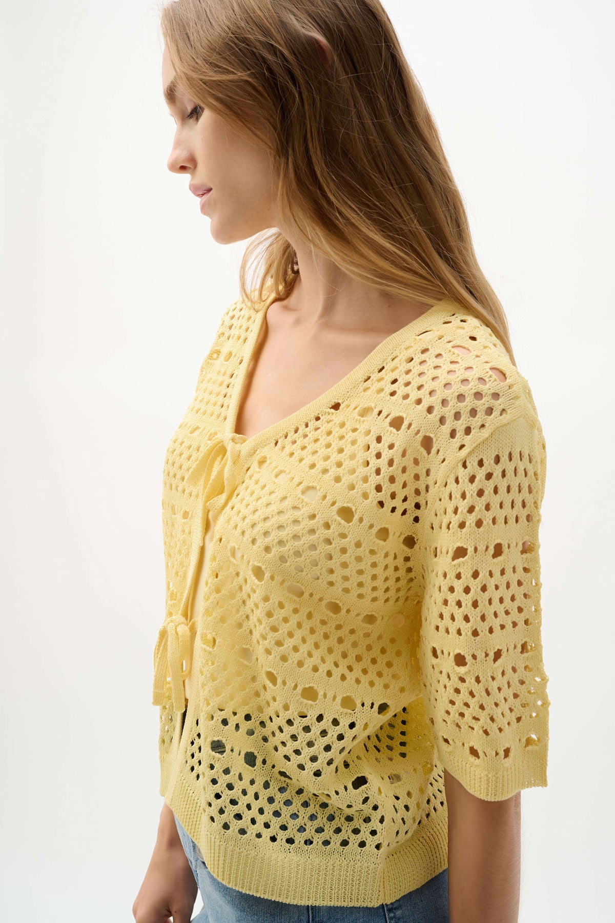 Joseph Ribkoff Mellow Yellow Viscose Sweater Knit Open-Stitch Cardigan