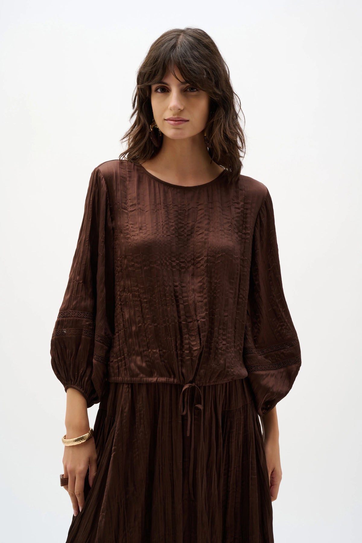 Joseph Ribkoff Mahogany Pleated Satin Cocoon Top With Pleats