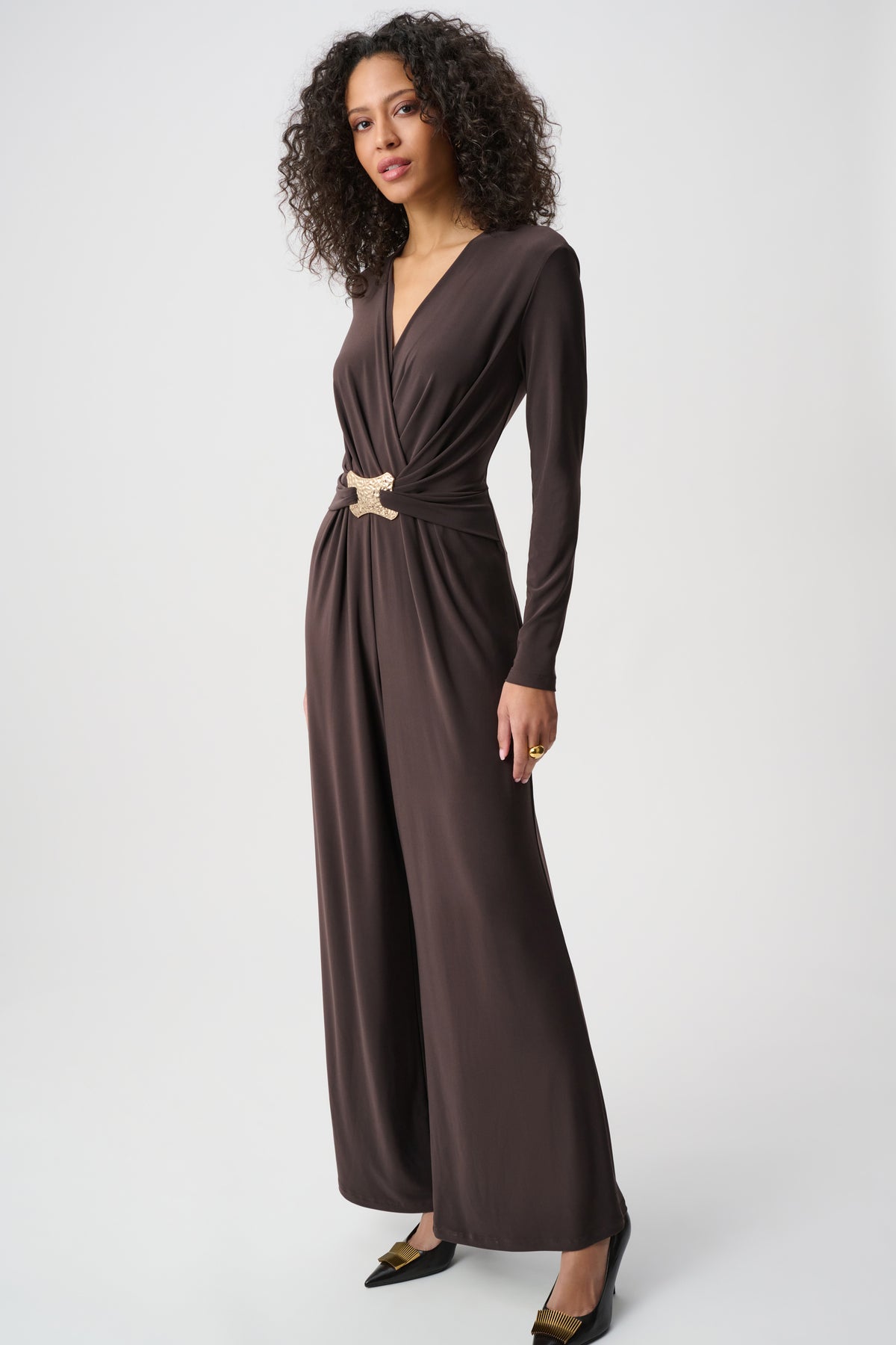 Joseph Ribkoff Mocha Silky Knit Wide-Leg Wrap Jumpsuit