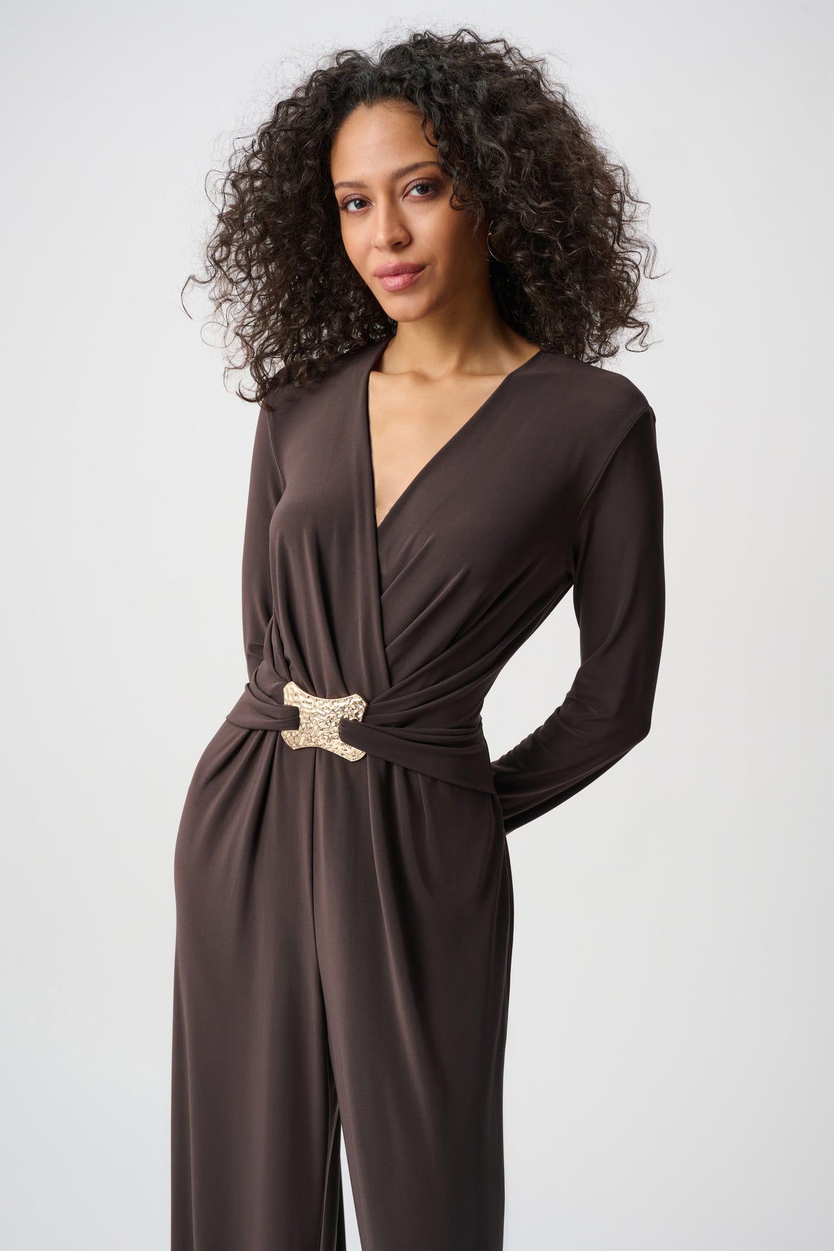 Joseph Ribkoff Mocha Silky Knit Wide-Leg Wrap Jumpsuit